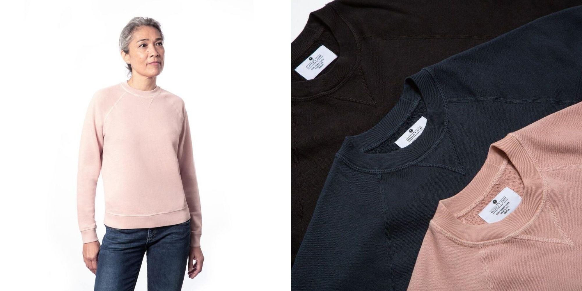 Person wearing a light pink sustainable sweatshirt by The Classic T-Shirt Company.
