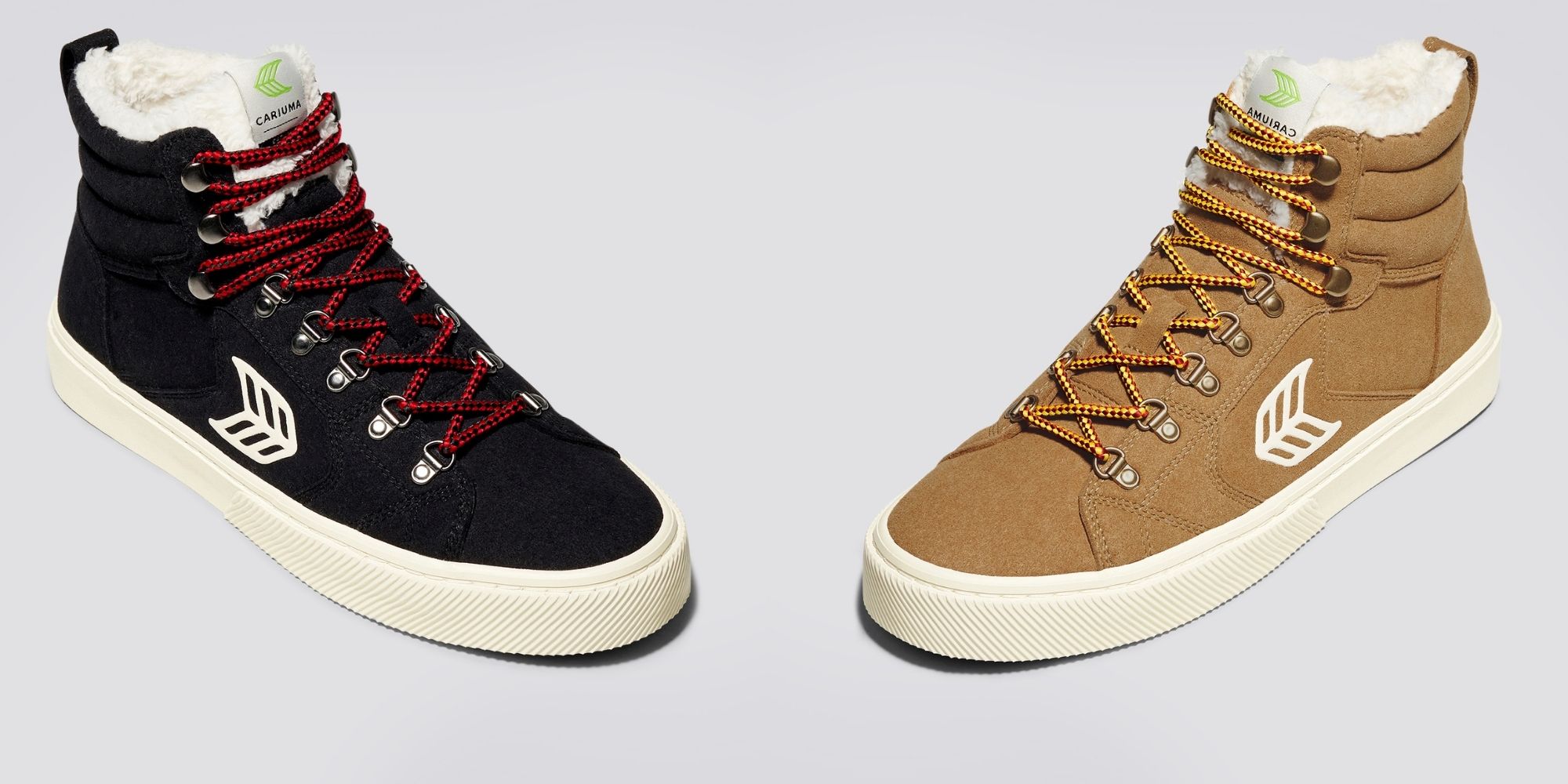 A black and a camel Caturi vegan winter boot side by side, ethically and sustainably made by CARIUMA.