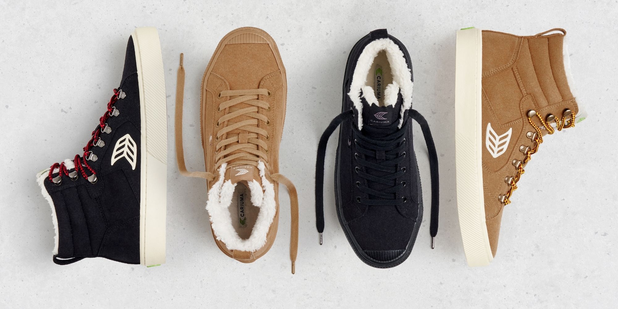 Four CARIUMA sustainable vegan winter boots side by side on a plain grey background.