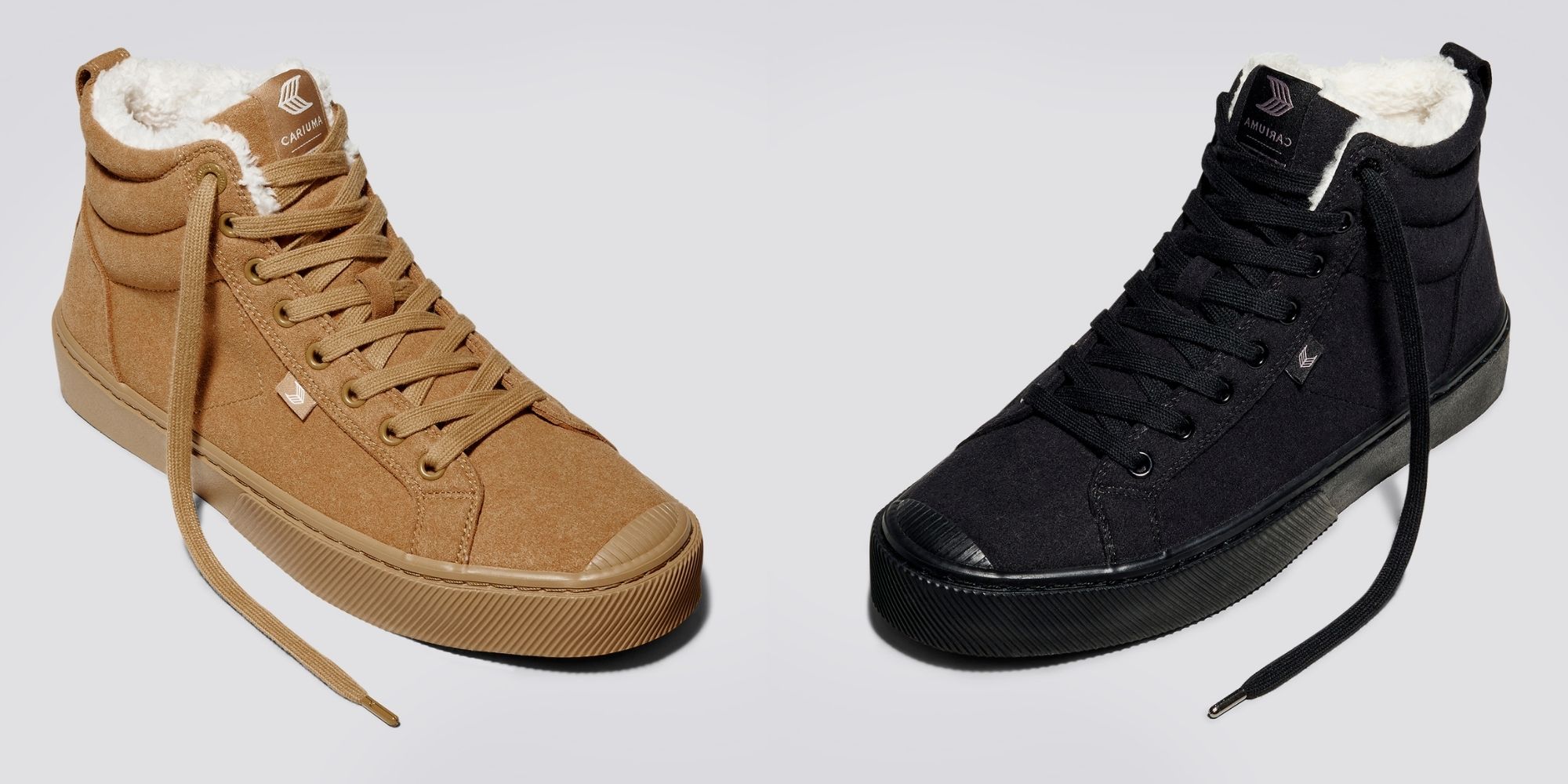 A black and a camel OCA Therma vegan winter boot side by side, ethically and sustainably made by CARIUMA.