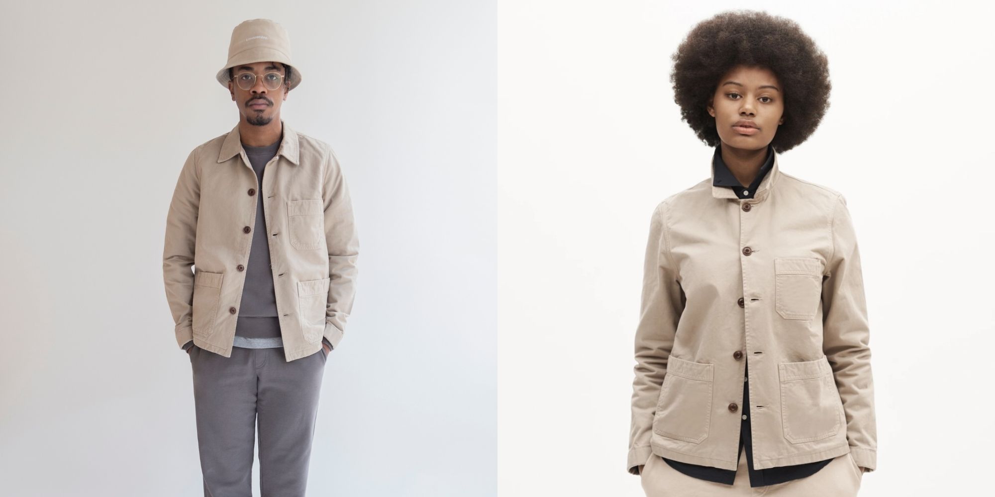 Two people side by side wearing a beige worker jacket, ethically made by Unrecorded.