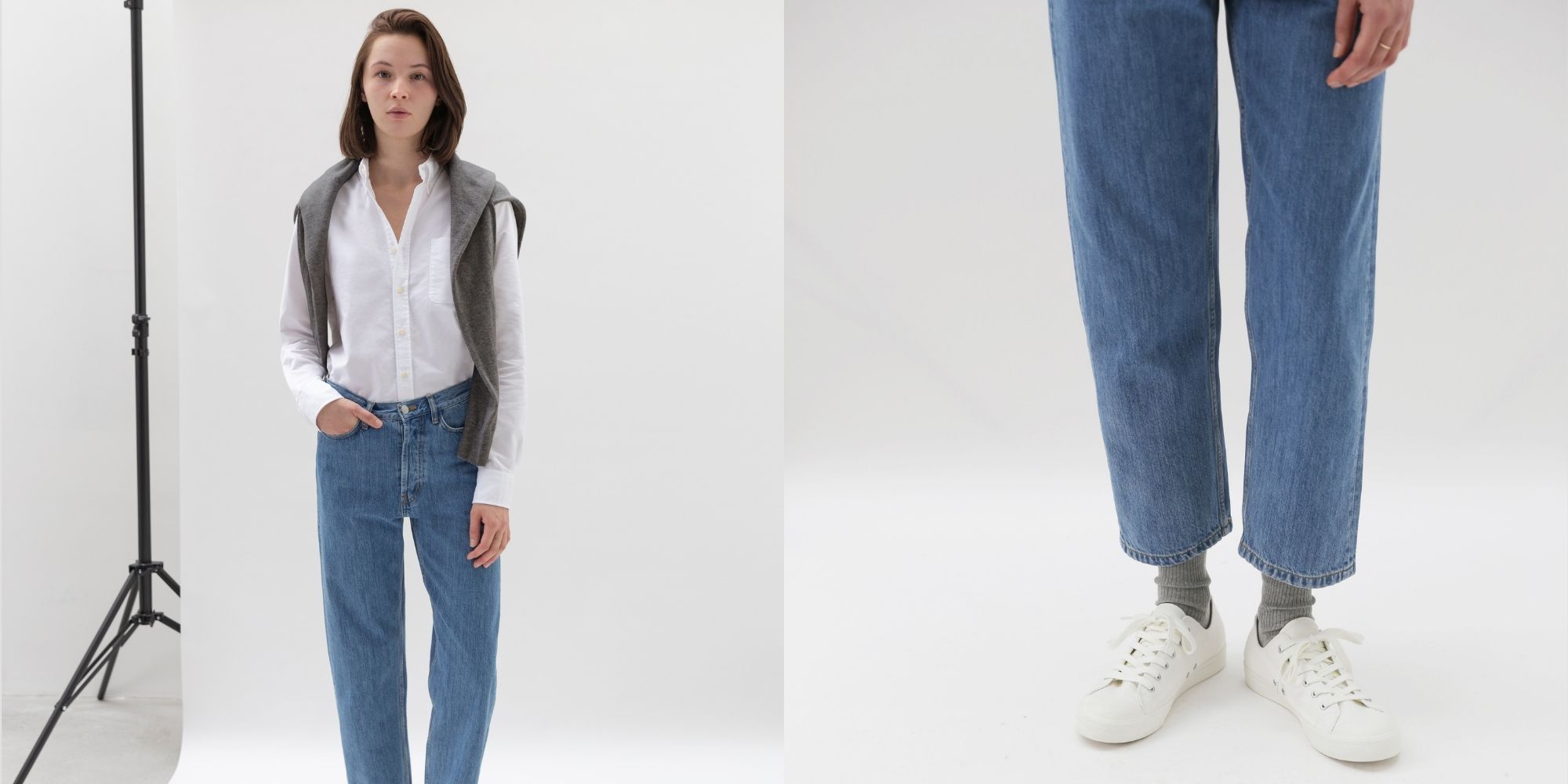 Someone wearing mid wash blue denim cropped jeans sustainably made by Unrecorded.