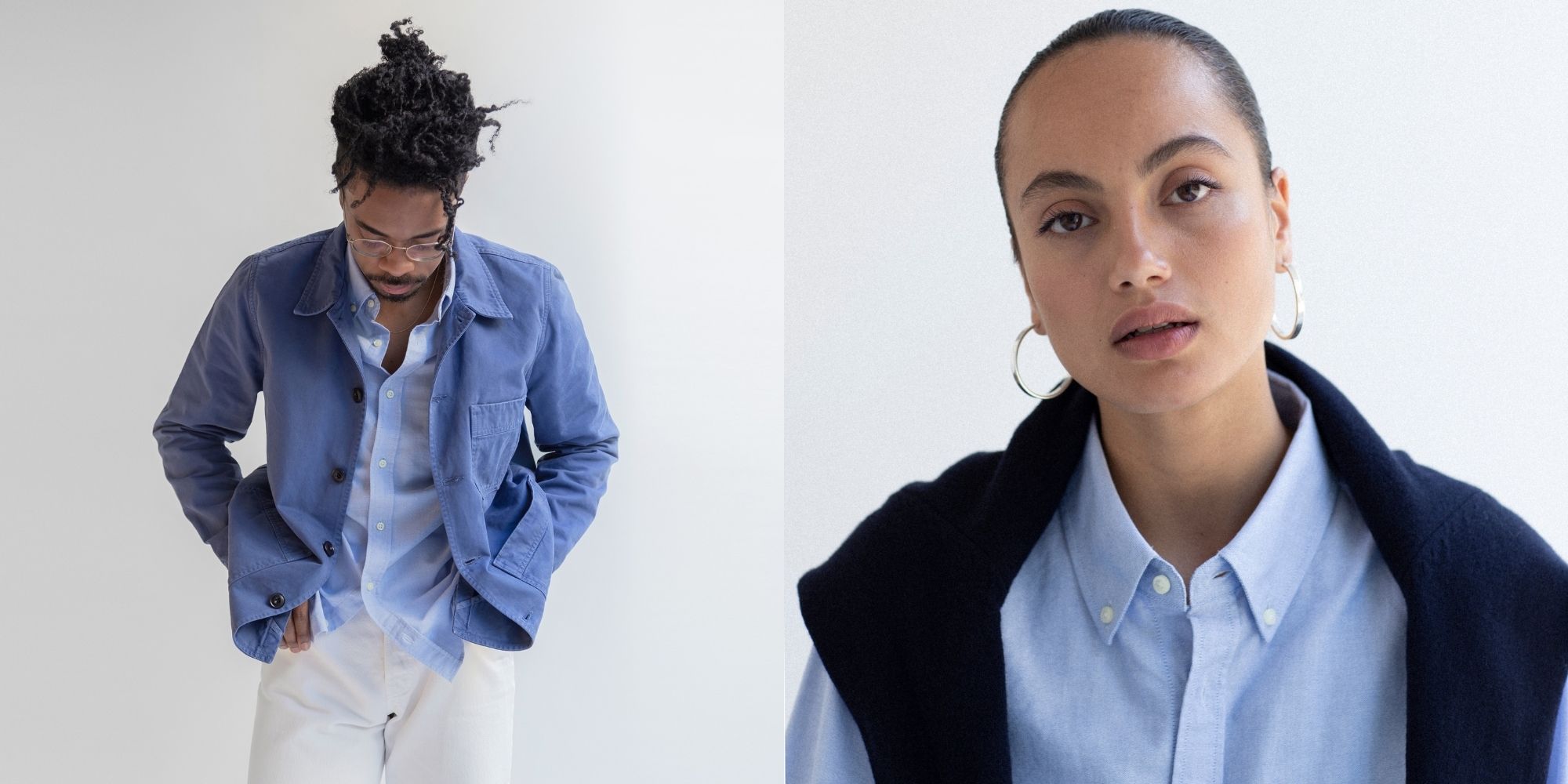 Two people side by side wearing a genderless blue Oxford shirt styled differently, made ethically by Unrecorded.