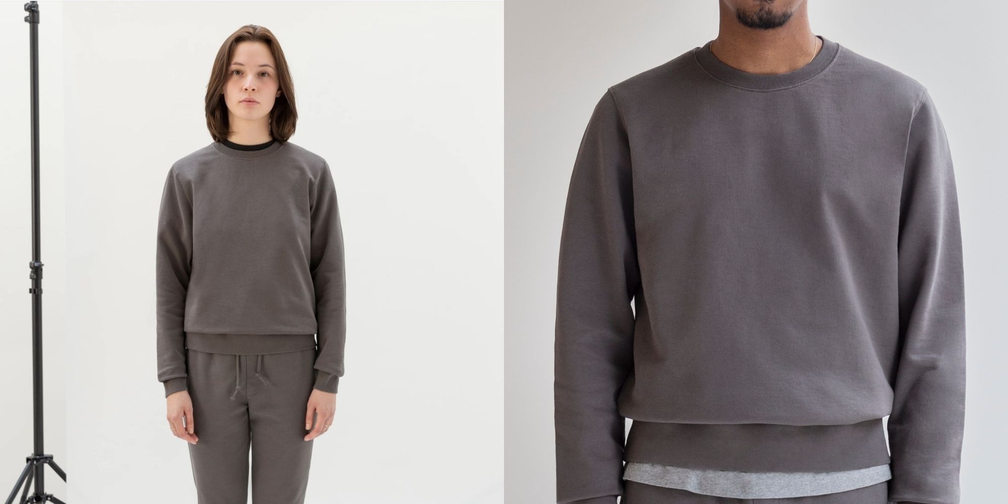 Two people side by side wearing a grey organic cotton sweater made by Unrecorded.