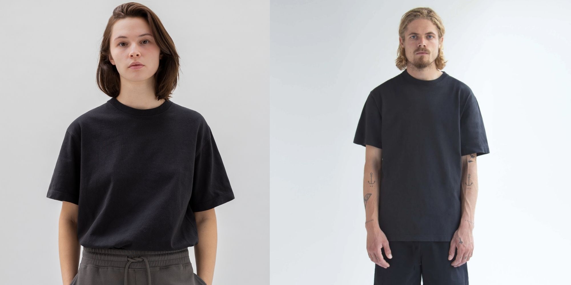 Two people side by side wearing a black GOTS cotton t-shirt made by Unrecorded.