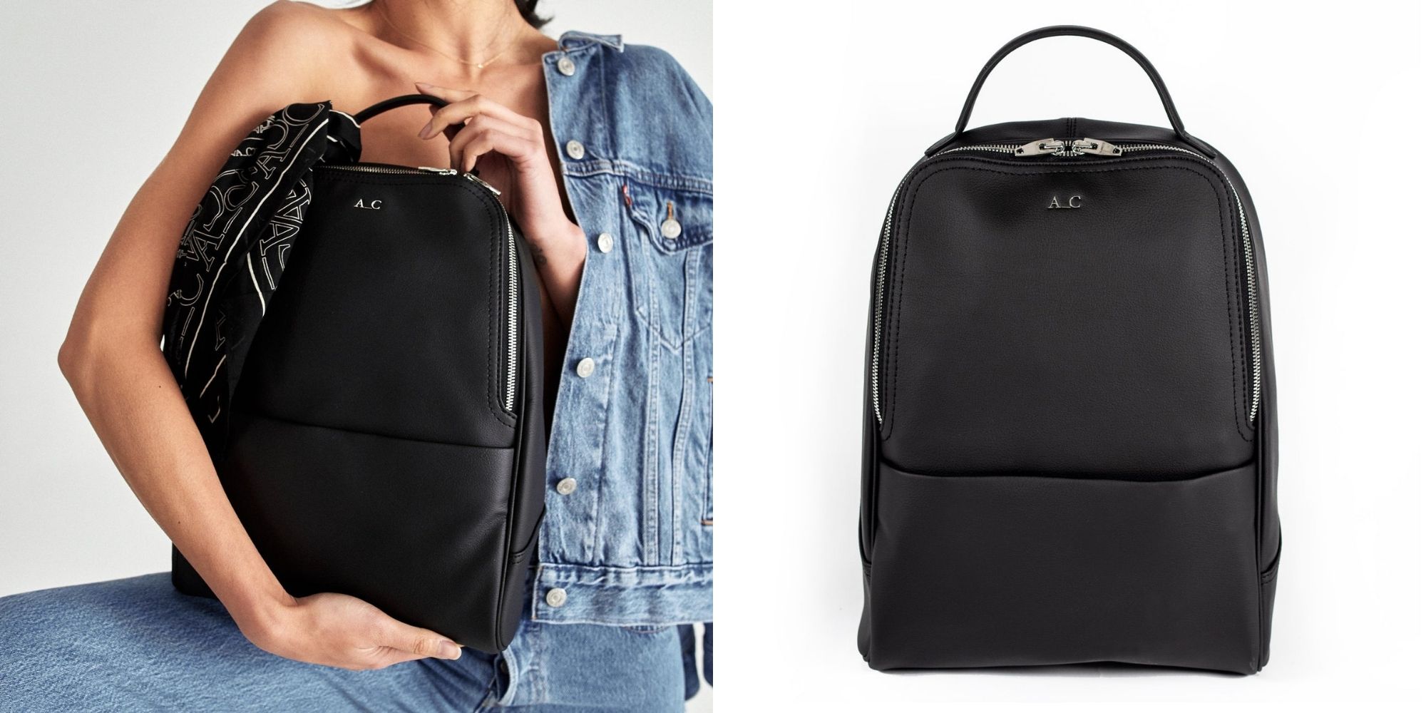A black daypack made from pebbled Desserto cactus leather by A_C.