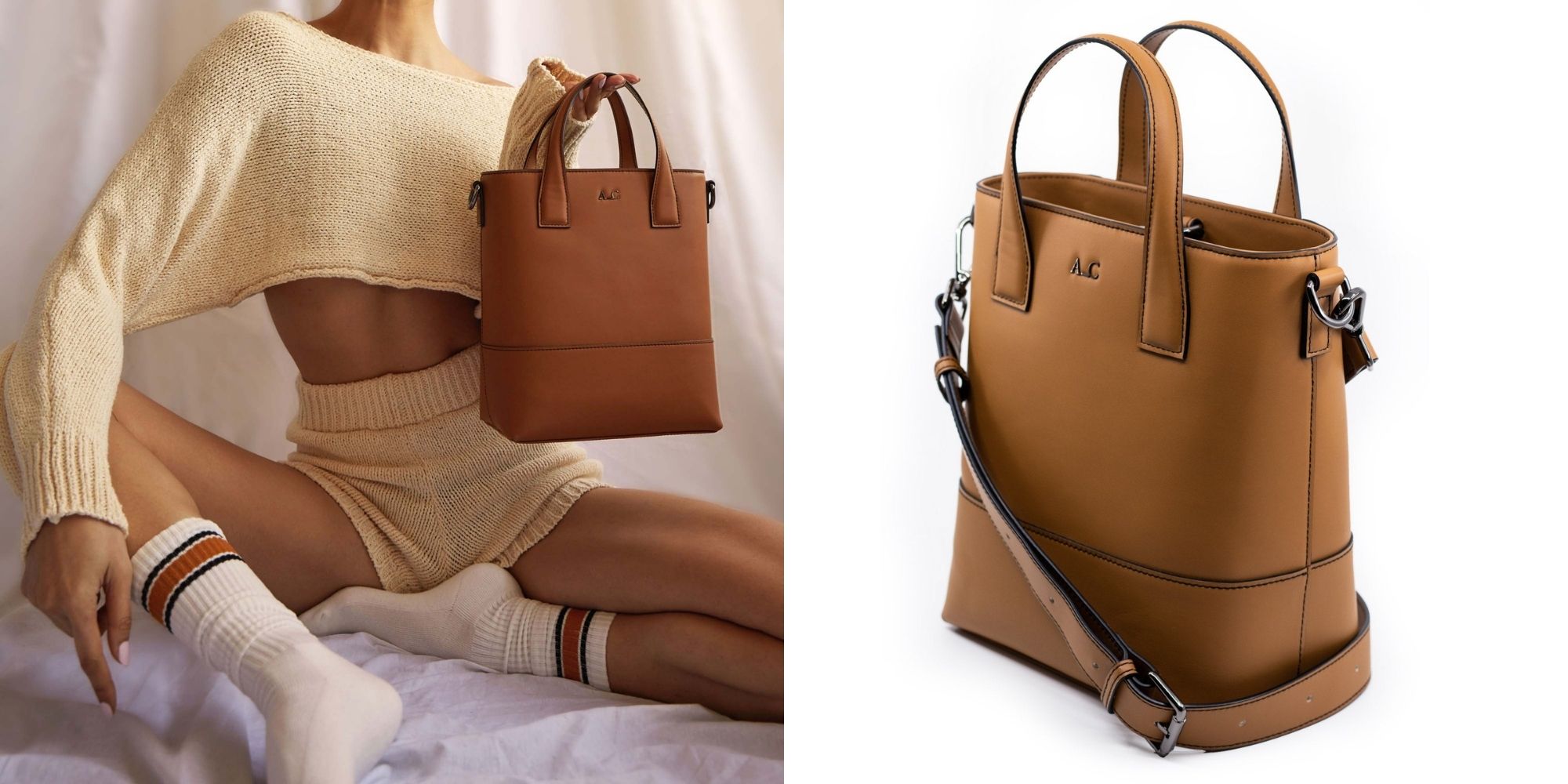 A tan vegan silicone leather handbag by A_C.