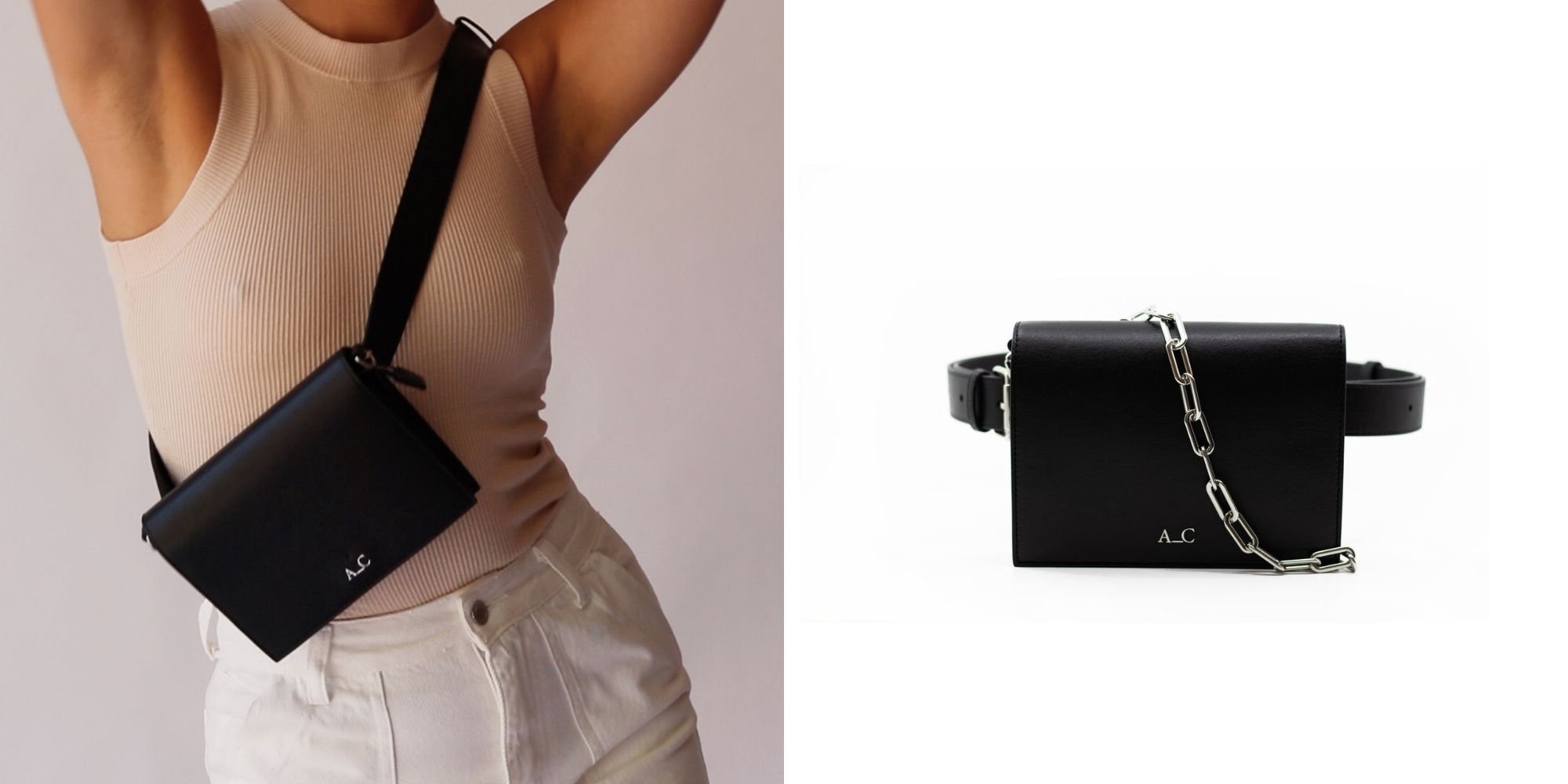 Cropped shot of someone holding up their arms and wearing a black crossbody vegan bag ethically made by A_C.
