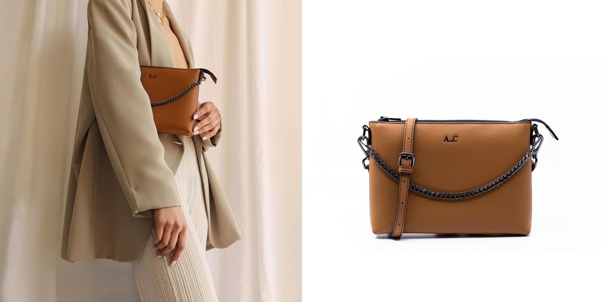 A tan crossbody Sileather handbag by A_C.