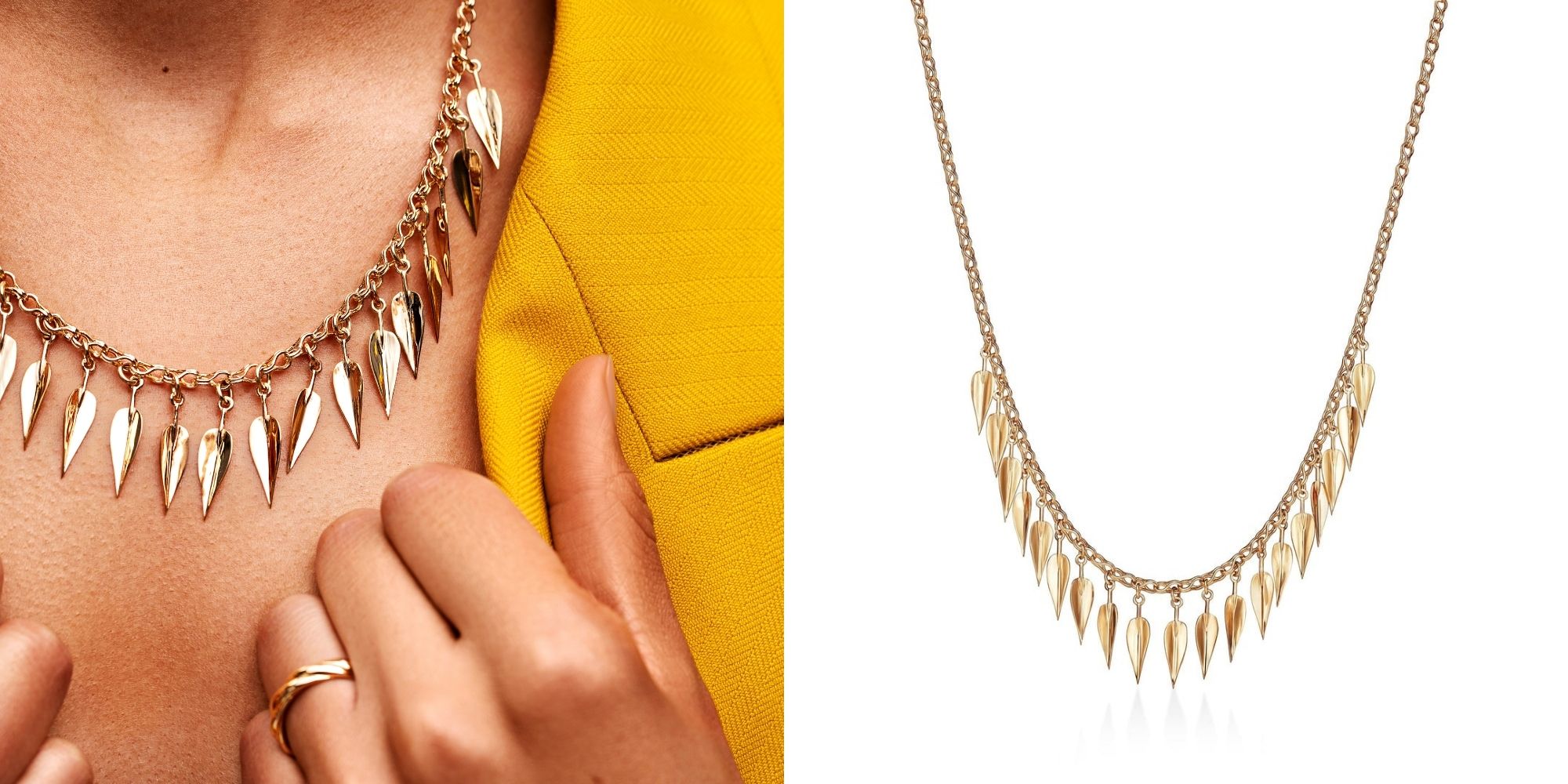 A close up of a sustainable gold necklace handcrafted by artisans for FUTURA Jewelry.