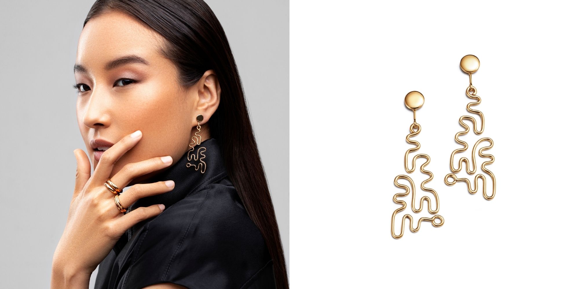 Swirly puzzle earrings in fairmined gold designed by FUTURA Jewelry.