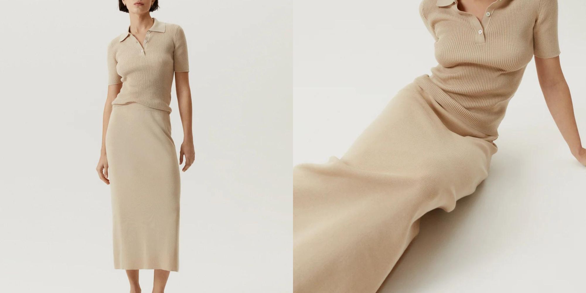 A made to order sand coloured organic cotton skirt made by Artknit Studios.