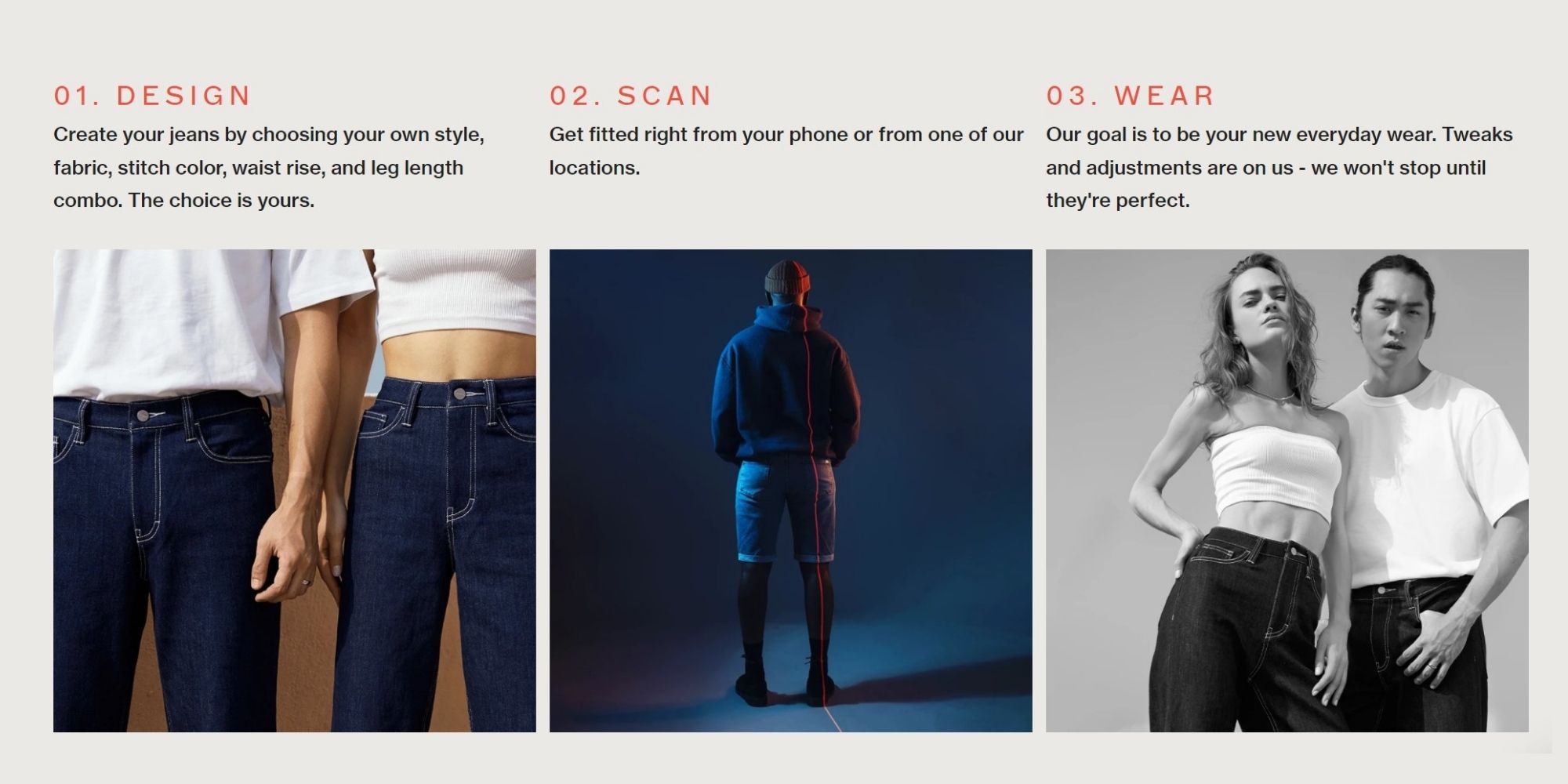 Three shots describing the design, scan, wear system of custom made jeans by unspun.