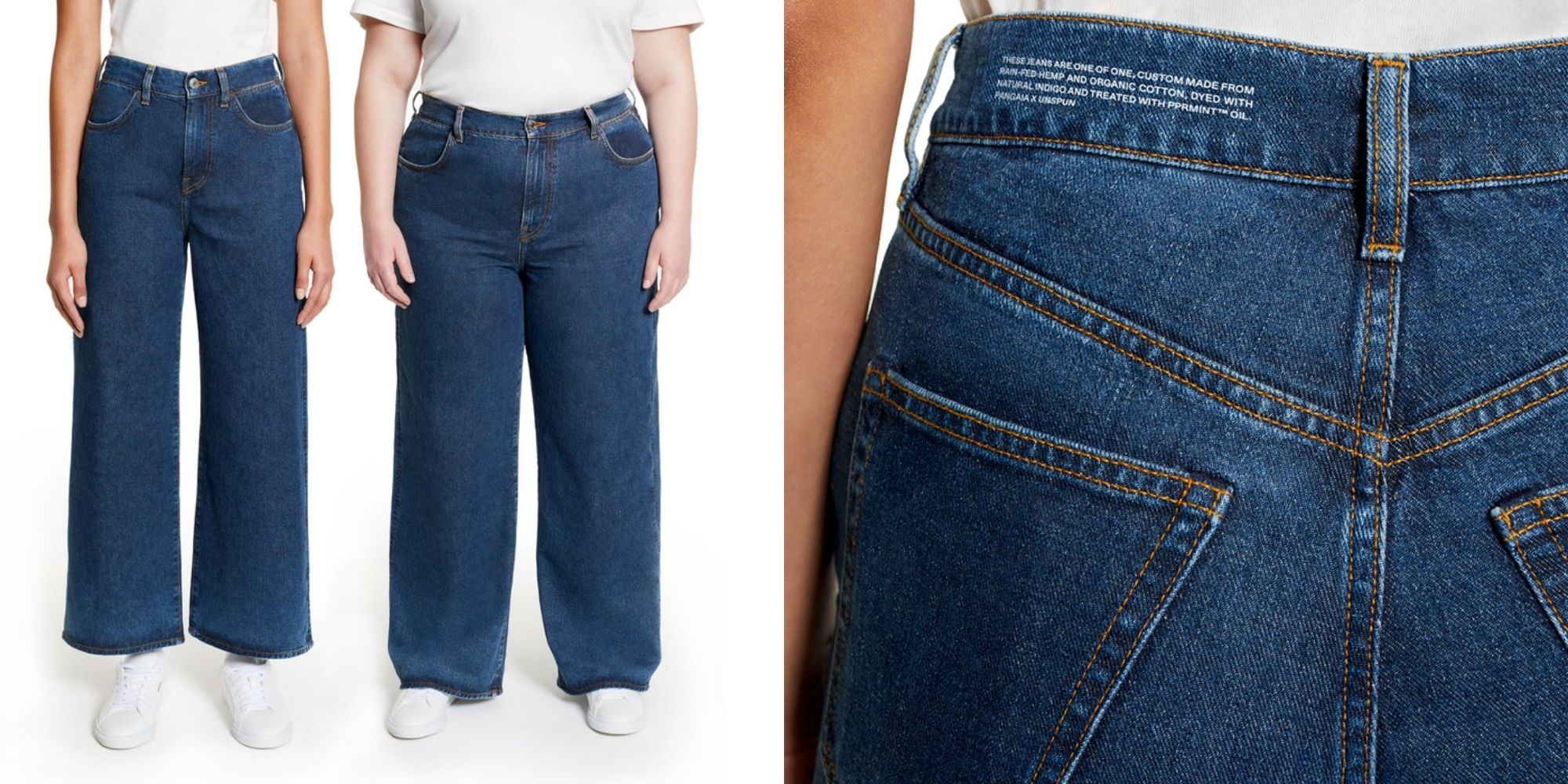 Two people wearing wide leg PANGAIA x unspun customer made eco-friendly jeans.