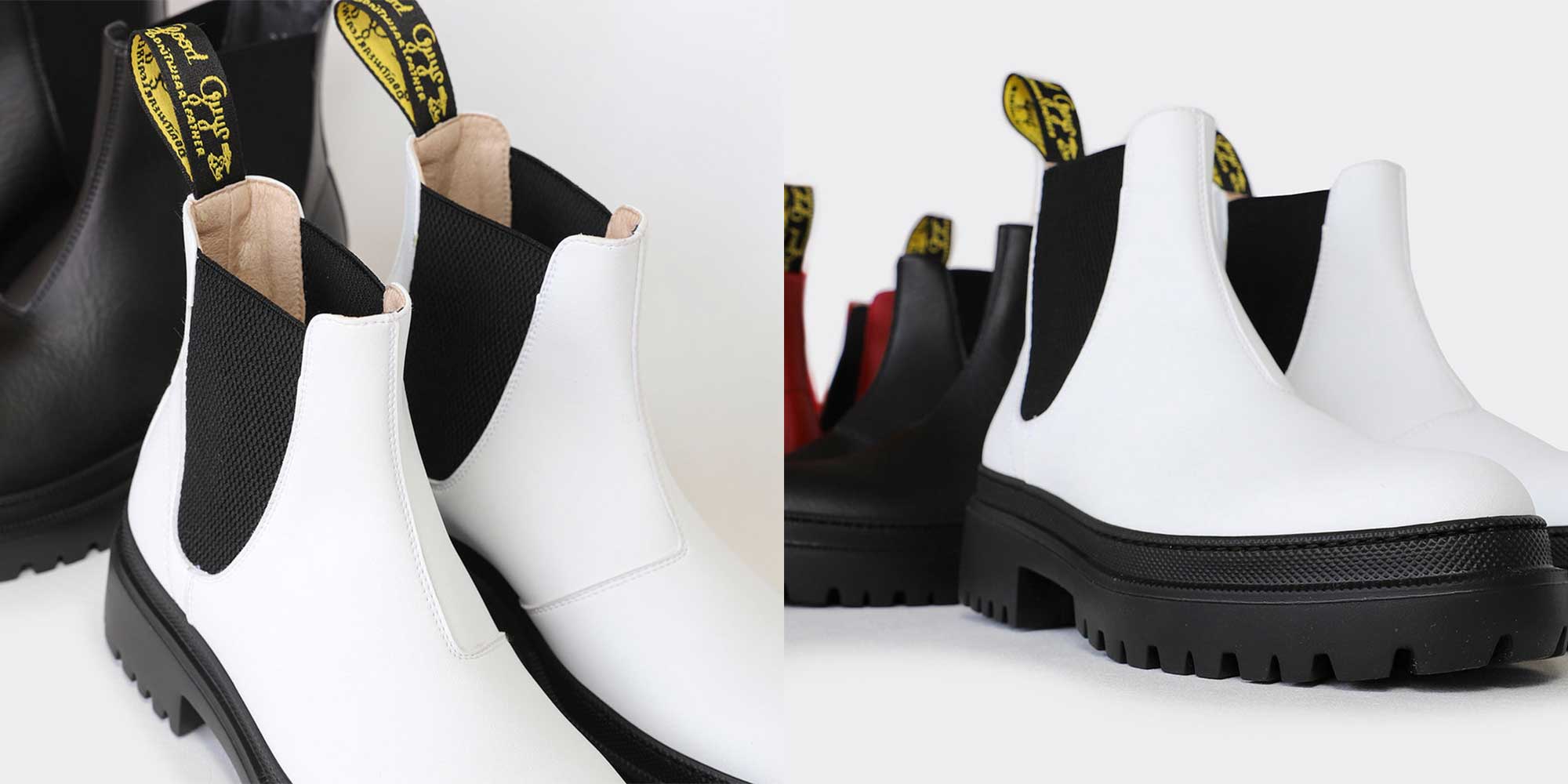 White rubber soled vegan Chelsea style boots sustainably made by Good Guys.