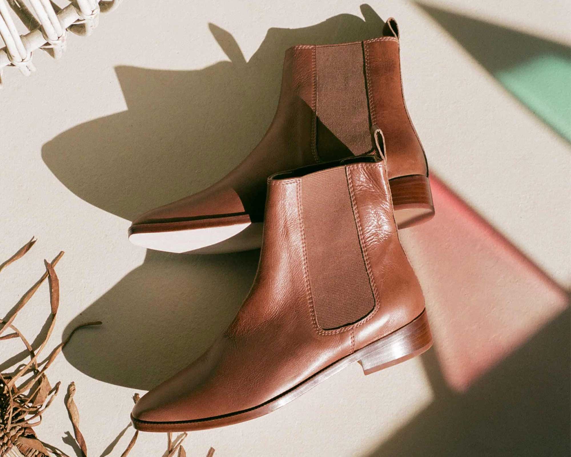 Brown upcycled leather sustainable Chelsea boots by Christy Dawn.