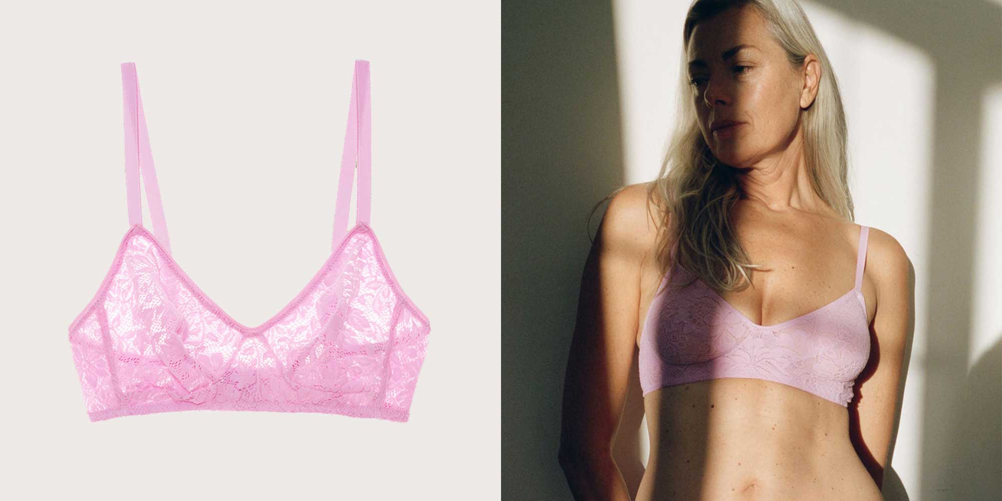 An older person wearing a baby pink lacy bralette by Araks.