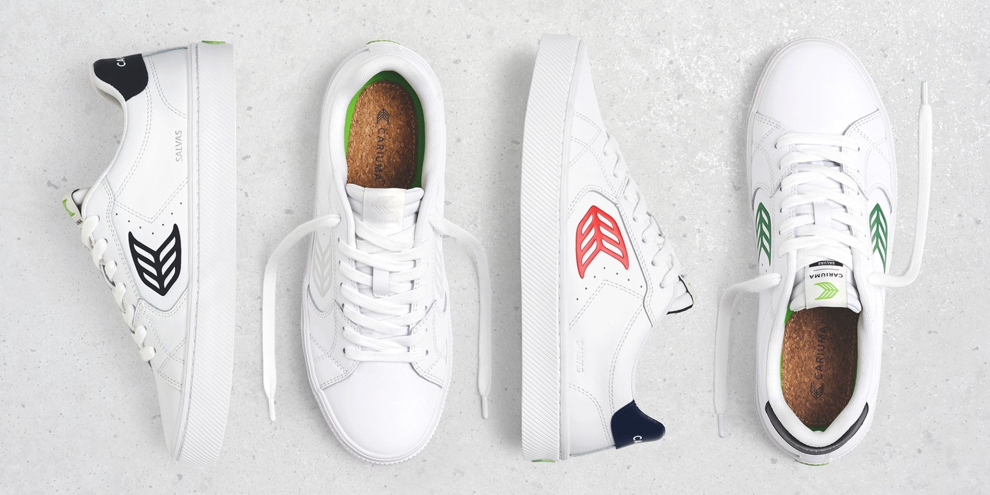 A line up of four cleaner leather Salvas sneakers by CARIUMA.