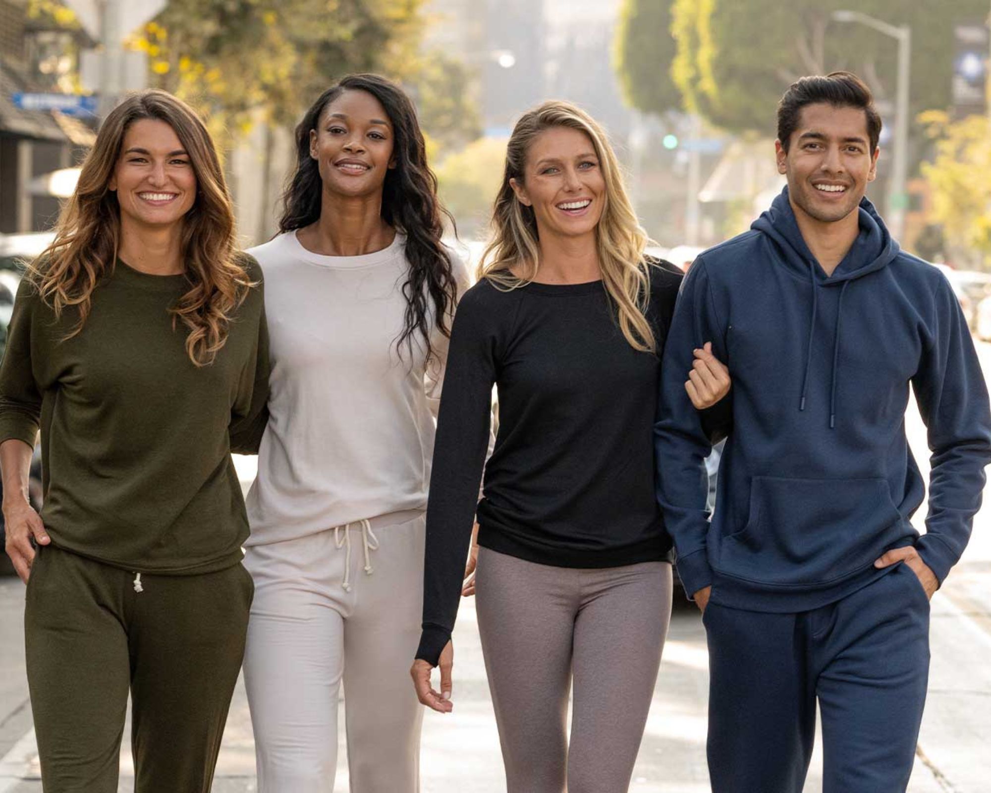 Four people linking arms standing in a street wearing block colour sweatpants and sweaters made responsibly by Threads 4 Thought.
