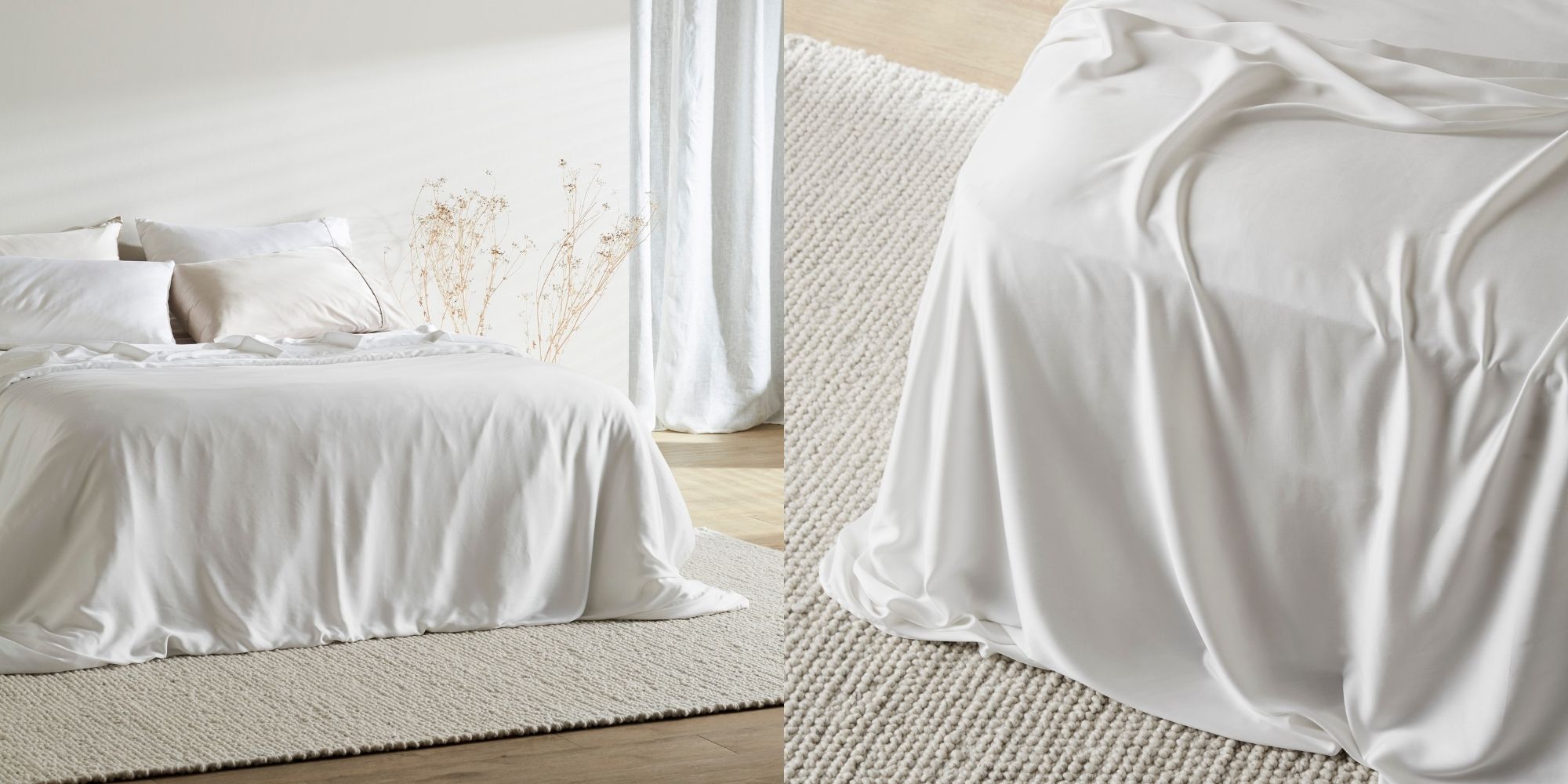 A bed styled with white sustainable sheets by ettitude.