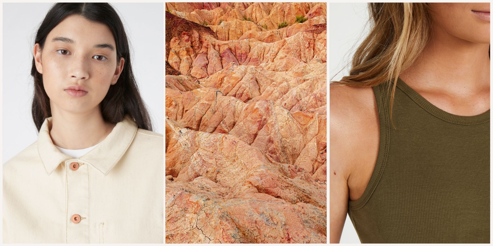 Three images side by side of an ecru denim jacket, clay fields in Turkey, and an olive green cotton tank top for Outland Denim's new Grounded Collection.