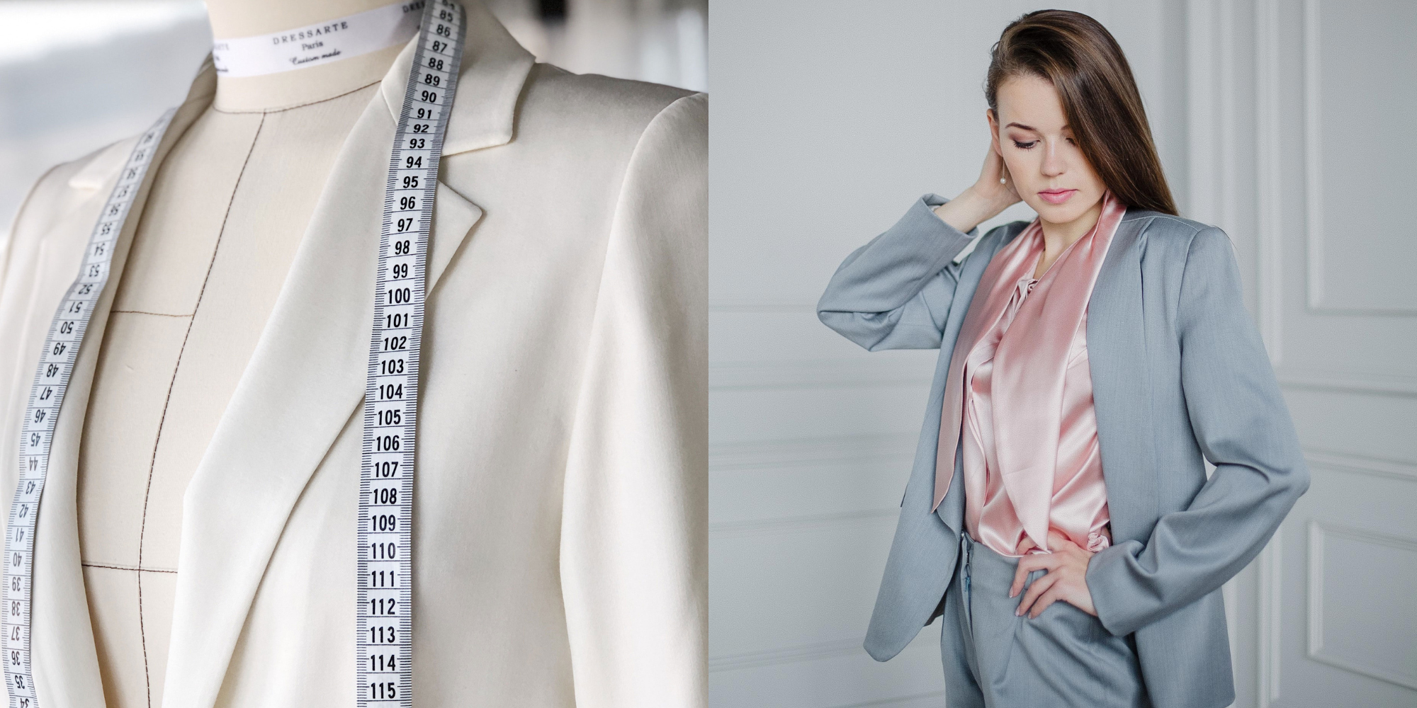 white blazer on sizing doll and person in grey tailored suit and pink blouse by Dressarte Paris