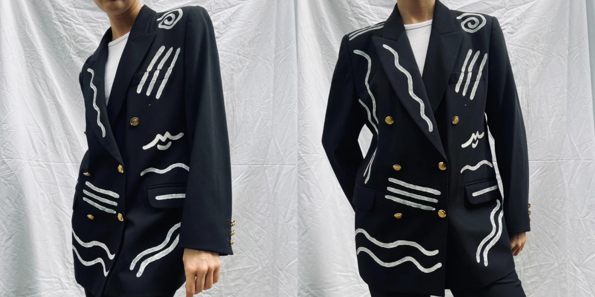 person in black vintage white painted jacket by Fanfare