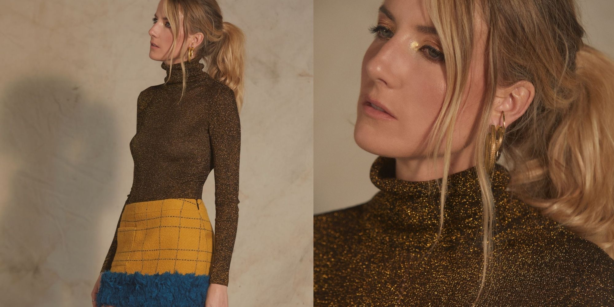 Sustainable stylist Laura Sophie Cox modelling her golden jewellery collaboration with ARTICLE22, wearing a sheer sparkly gold turtleneck top and a bright yellow and blue ruffle mini skirt.