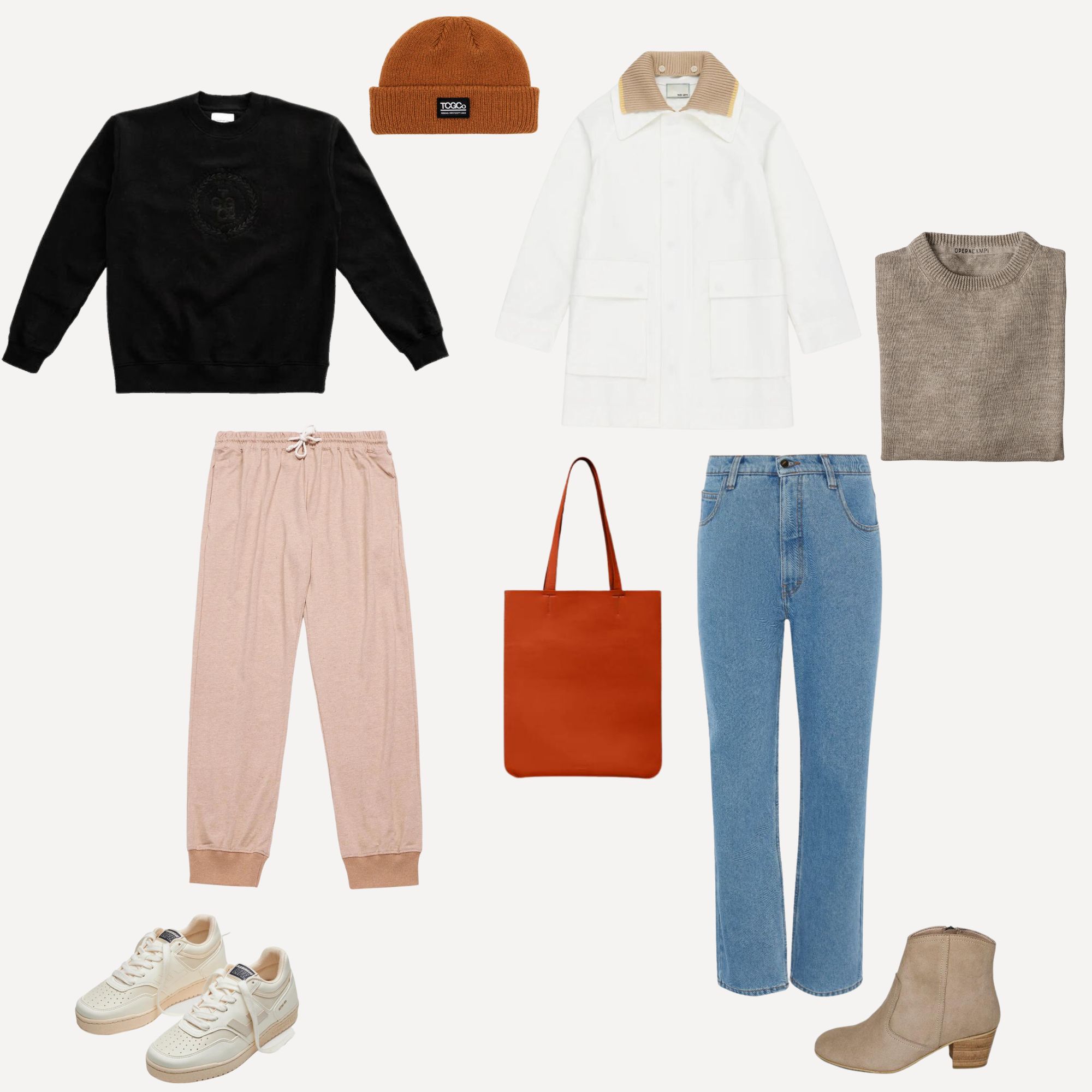 An autumn capsule wardrobe moodboard featuring layerable basics from responsible brands.= in neutral tones.