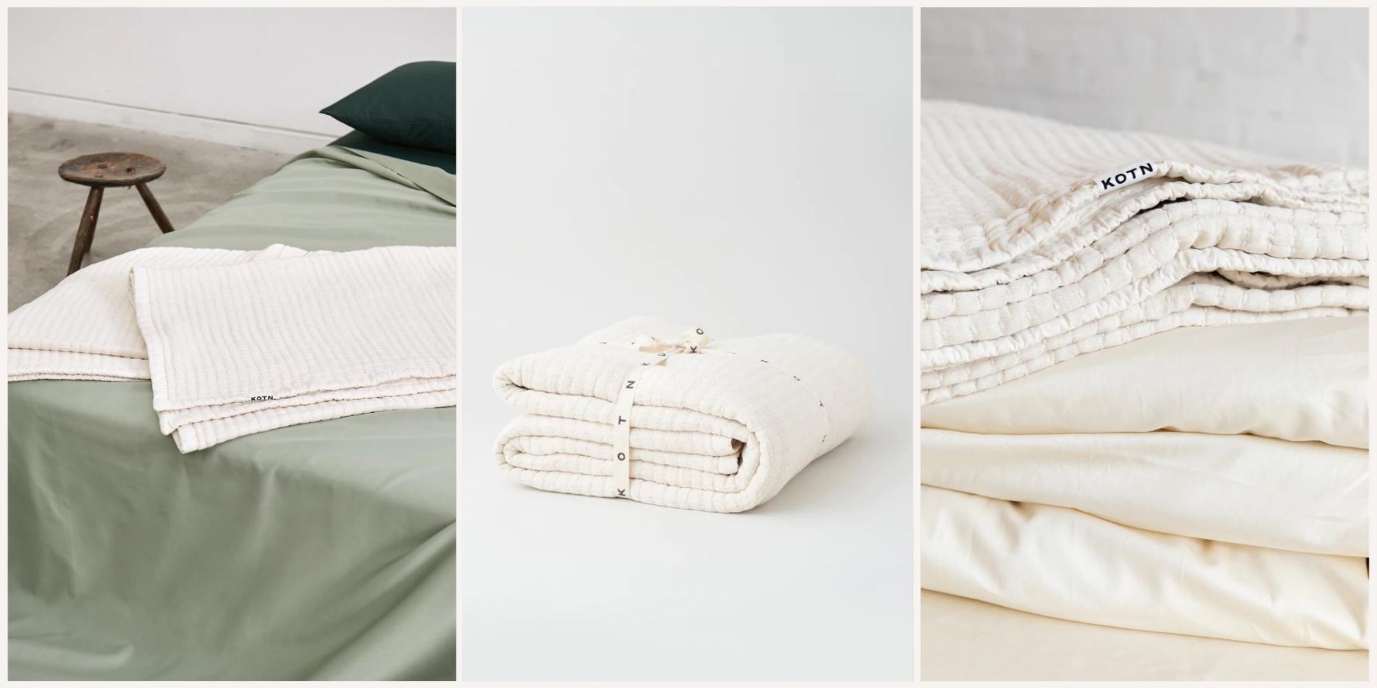 Three styled shots of a cream waffle texture Egyptian cotton throw blanket by Kotn.