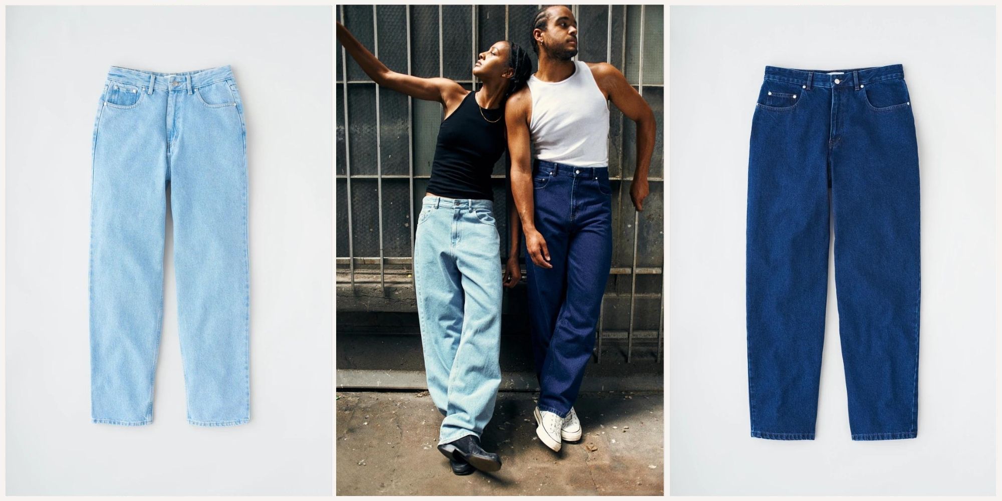 Two people wearing a light and dark wash denim made ethically in Egyptian cotton by Kotn.
