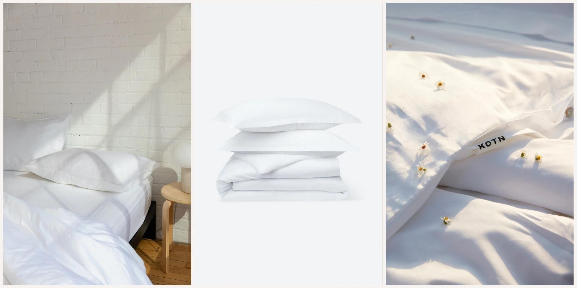 Three styled shots of white Egyptian cotton bedding by Kotn.