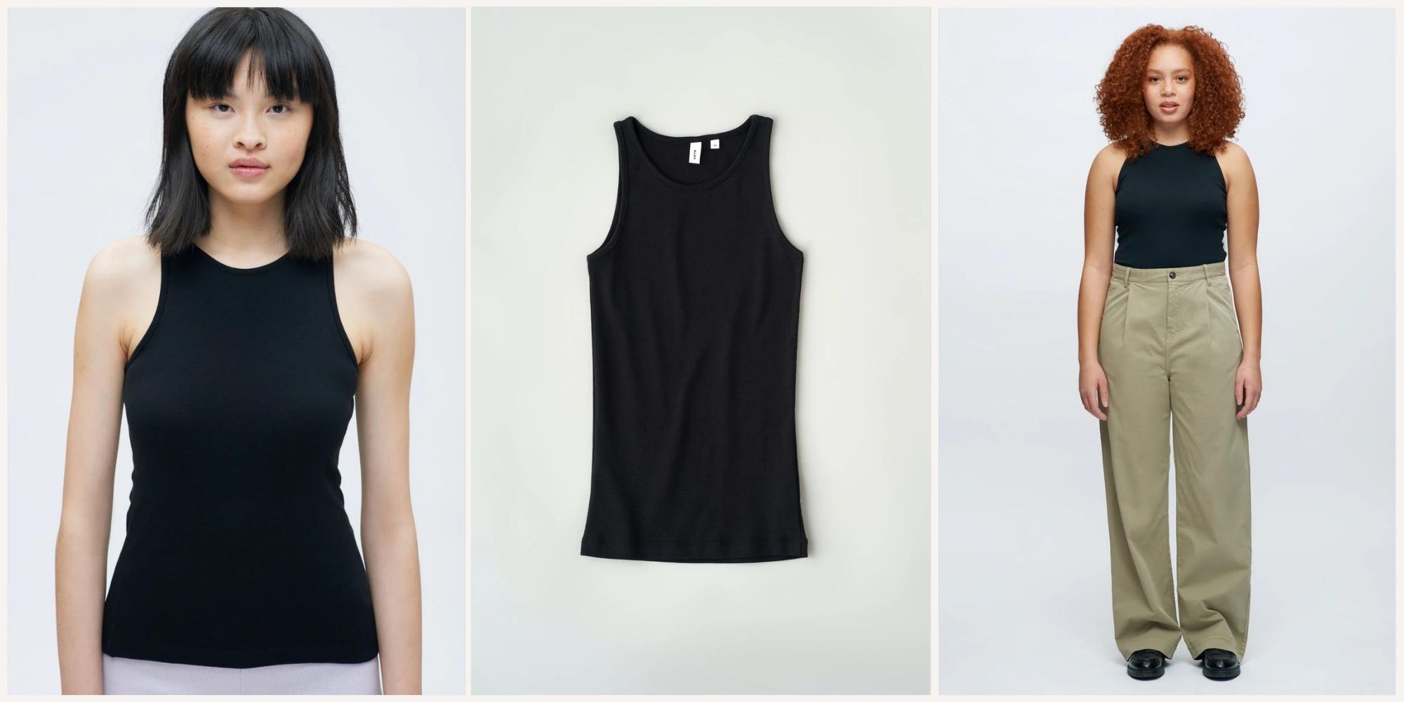 Two people wearing a basic black cotton tank top by Kotn.