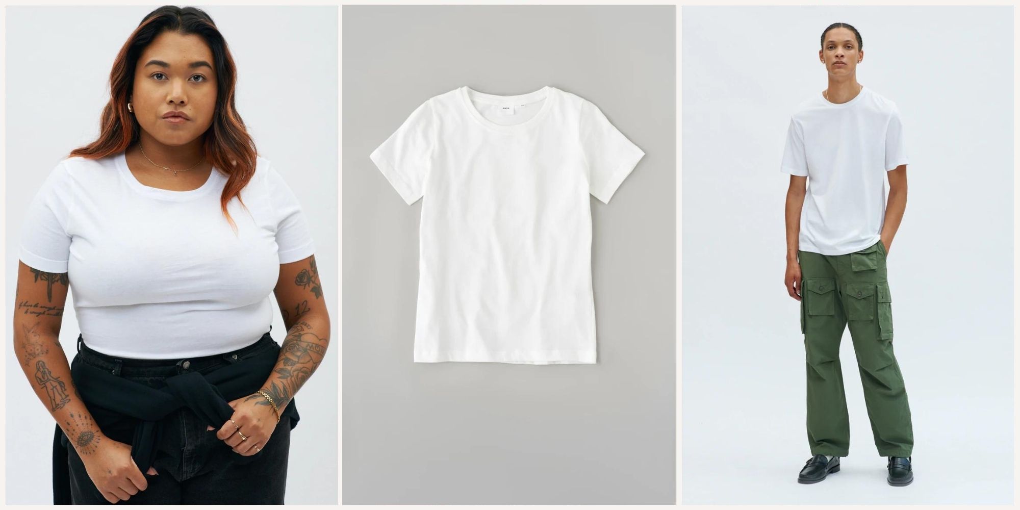 Two people wearing a basic white tee designed in Egyptian cotton by Kotn.