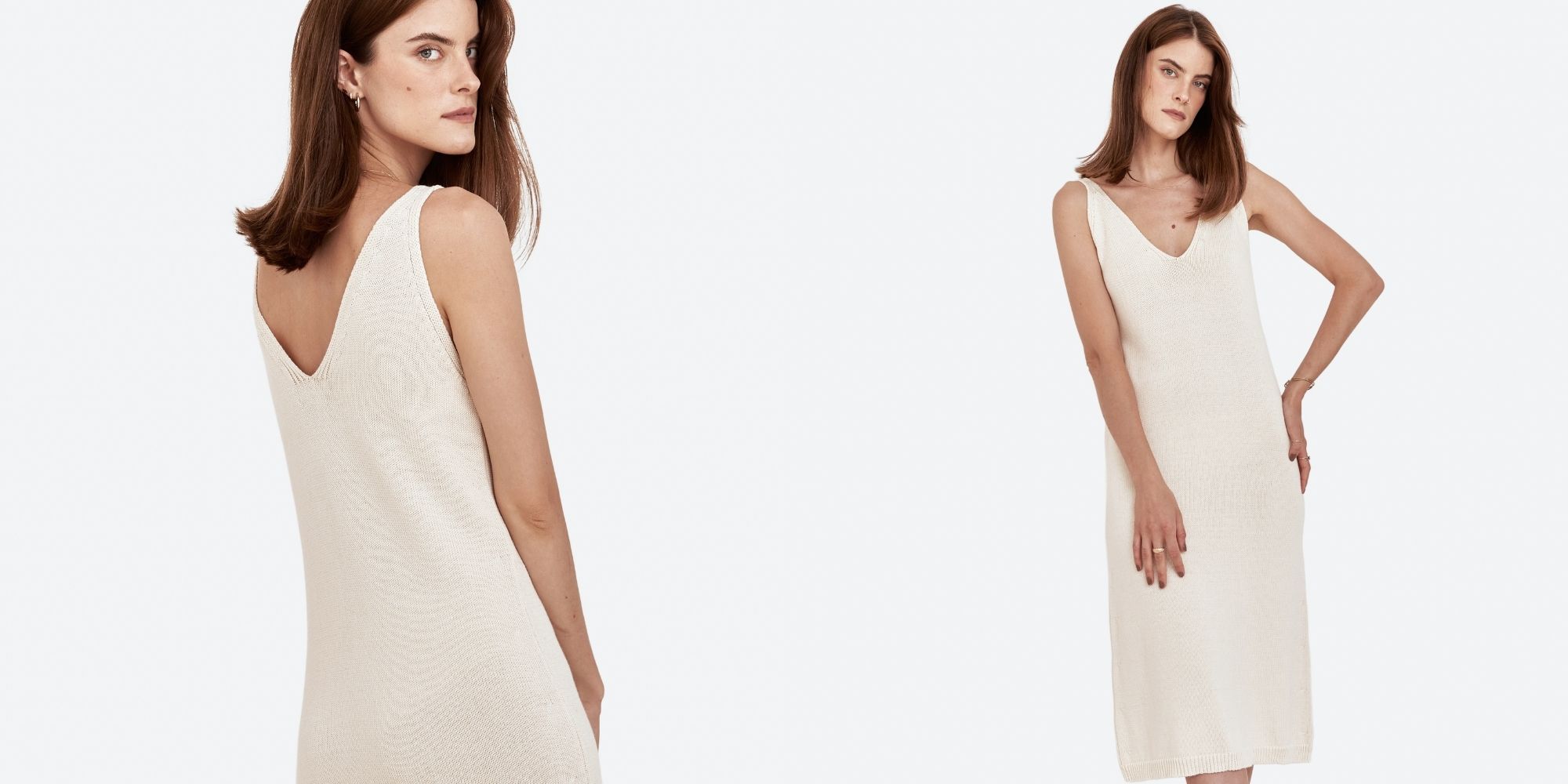 A beige knitted strap dress ethically made by Mila.Vert.
