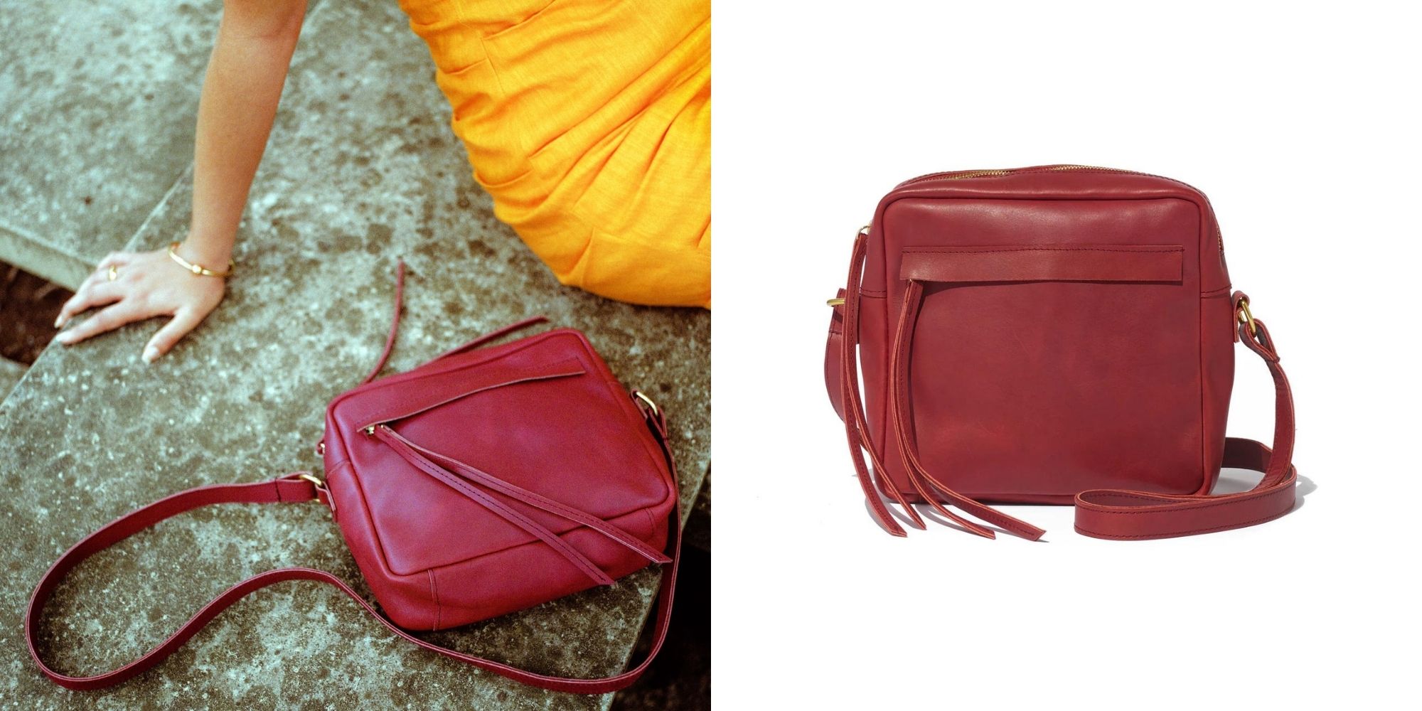 A wine red camera handbag sustainably made by Raven + Lily.