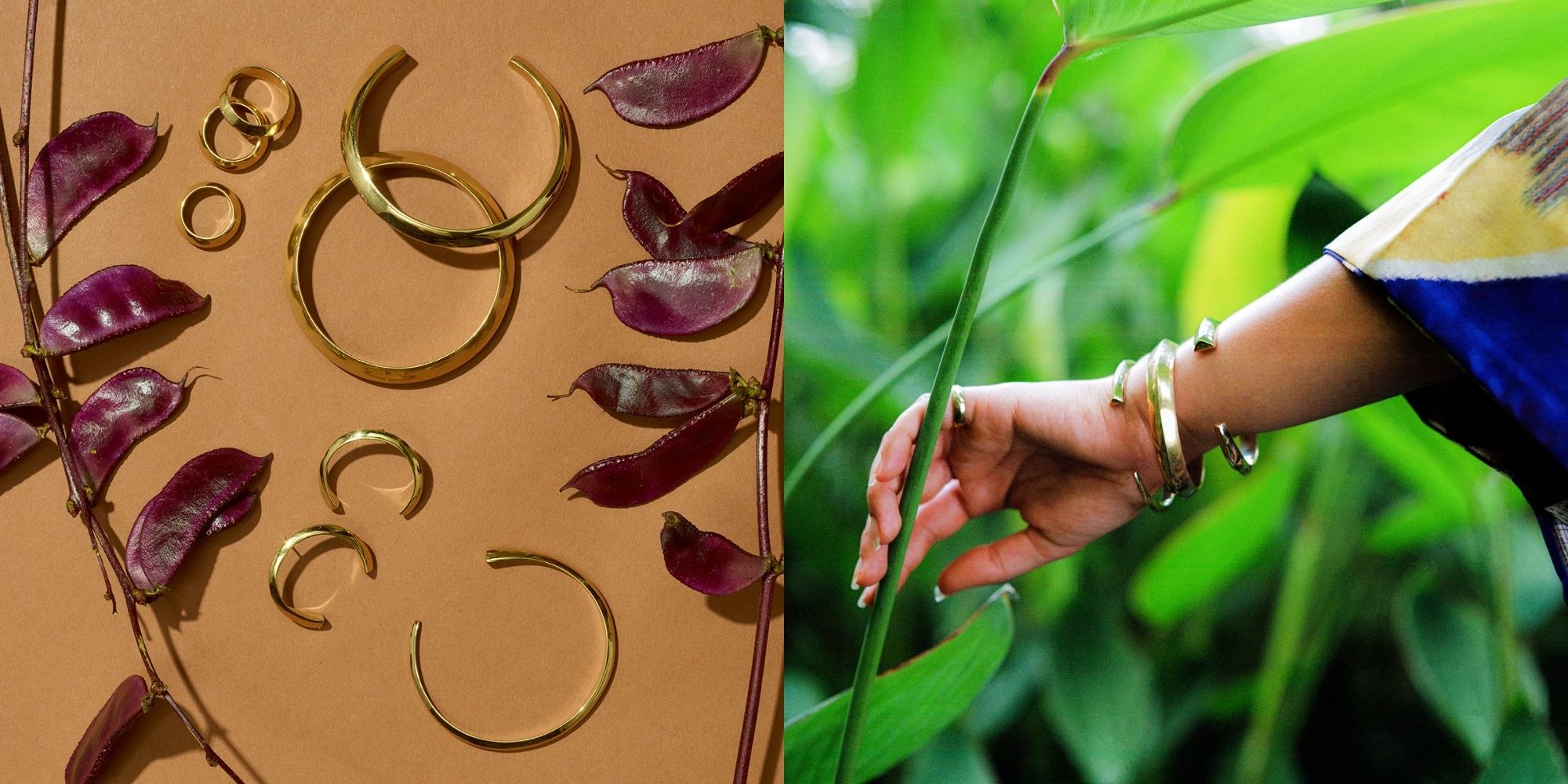 Sustainably made golden bangles, earrings, and rings by Raven + Lily.