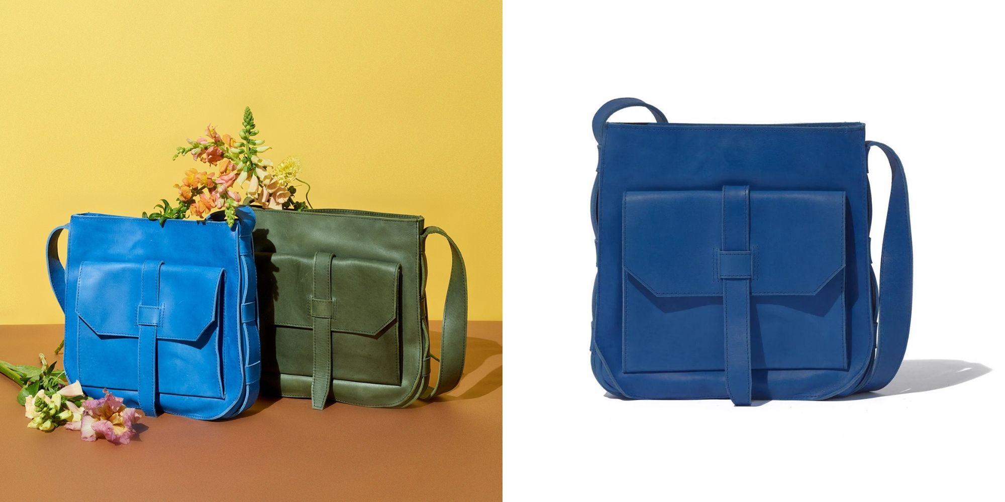 A bright blue and dark green handbag filled with flowers against a yellow and orange backdrop, next to a studio shot of the blue bag.