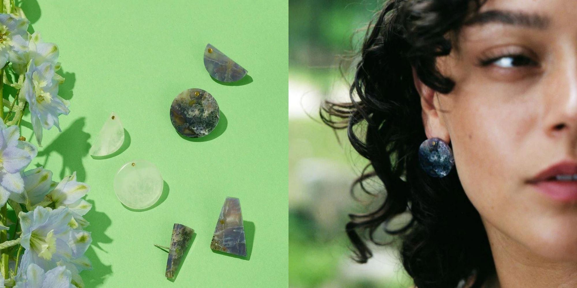 Precious stone and recycled metal geometric shaped earrings by Raven + Lily.