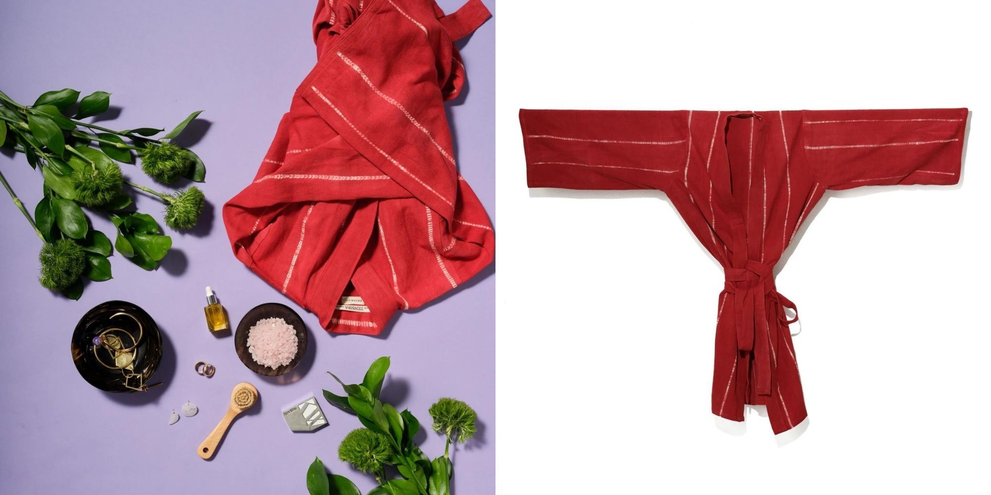 A red and white cotton Kimono ethically made by Raven + Lily.