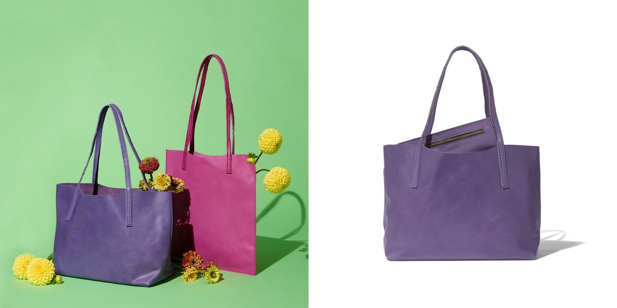 A purple and pink leather handbag by Raven + Lily filled with flowers against a green backdrop next to a studio shot of the purple bag.