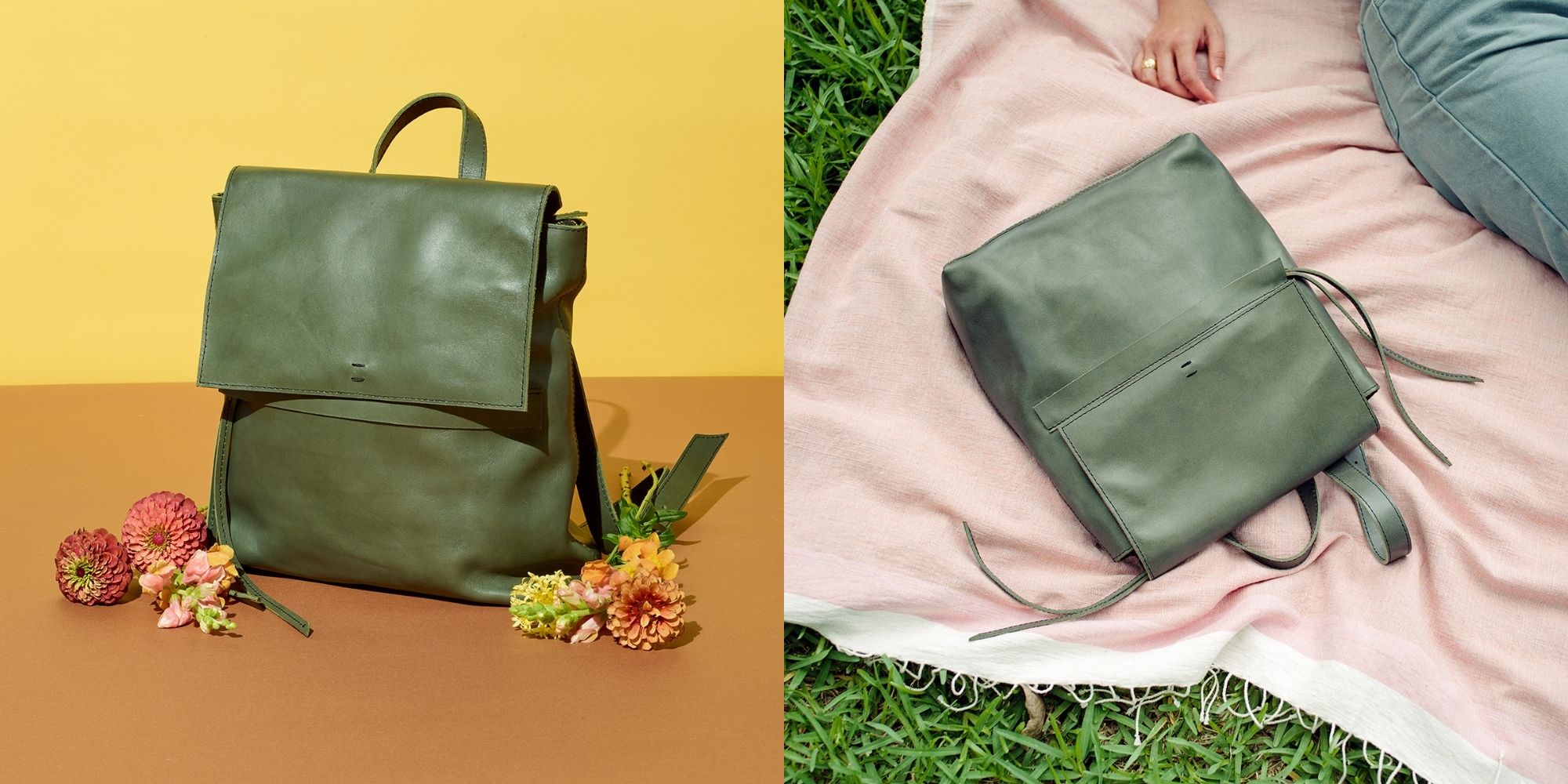 A green leather backpack designed by sustainable brand Raven + Lily.