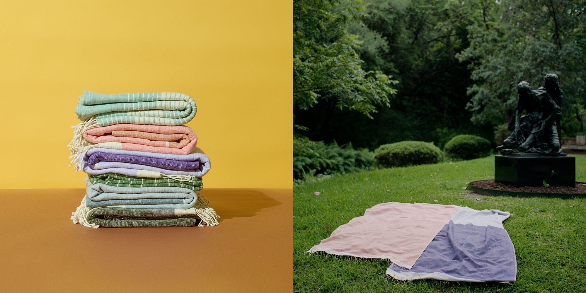 A pile of eco-friendly towels designed by ethical brand Raven + Lily.