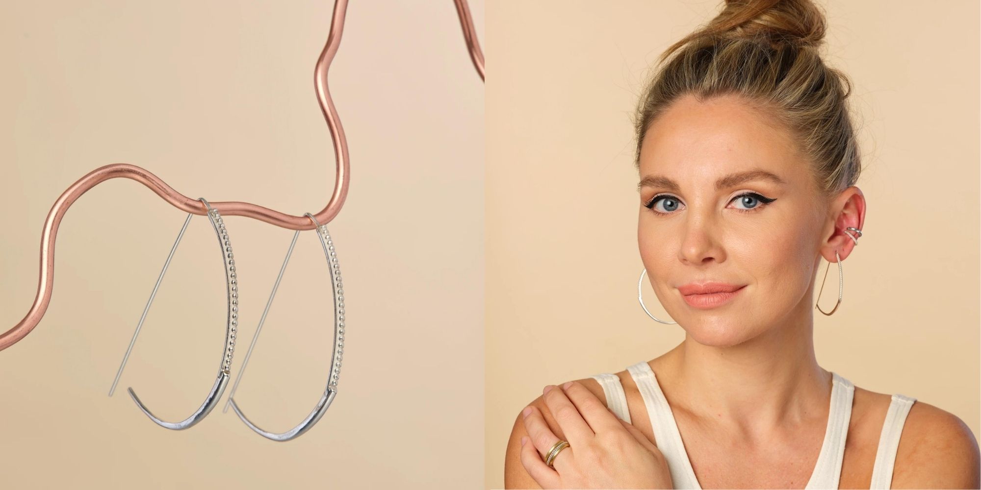 Silver crescent arc hoops ethically made by ARTICLE22 in collaboration with Laura Sophie Cox.