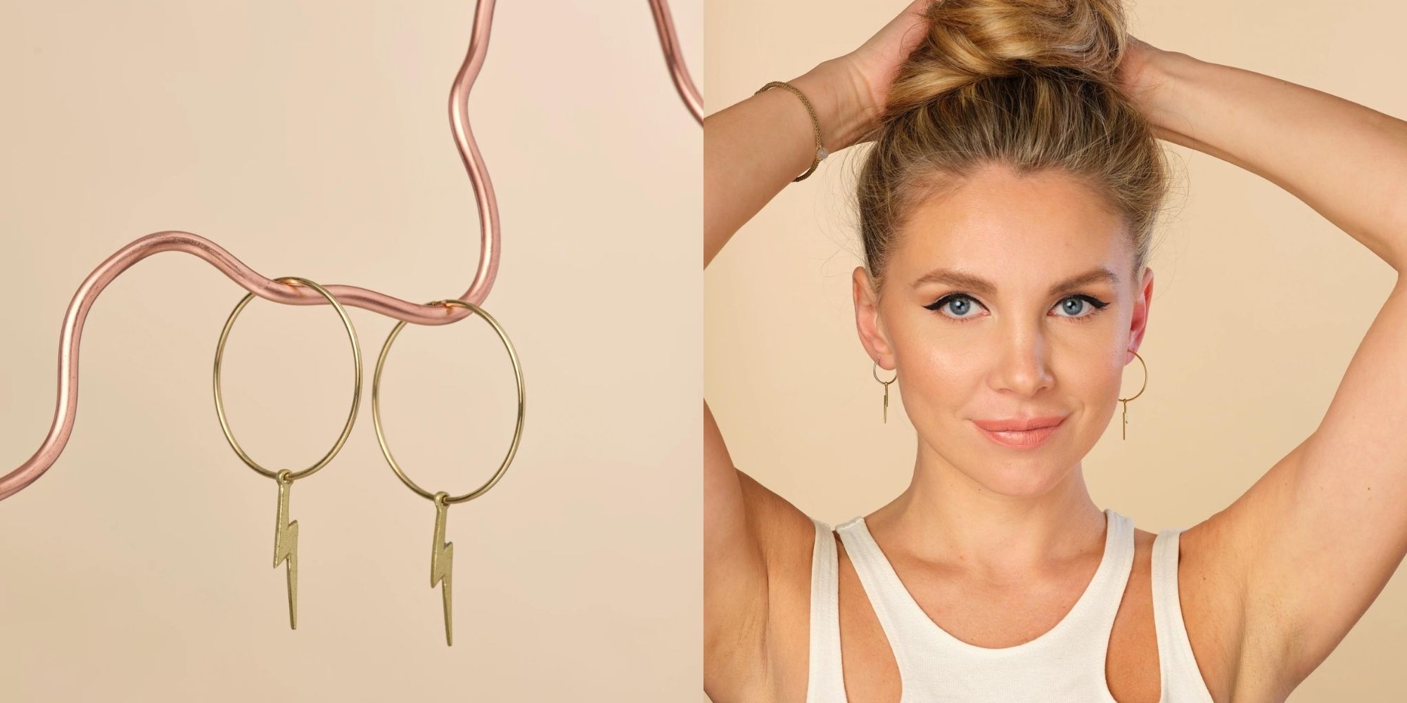 A pair of gold upcycled metal hoops with lightening bolt dangle features by ARTICLE22.