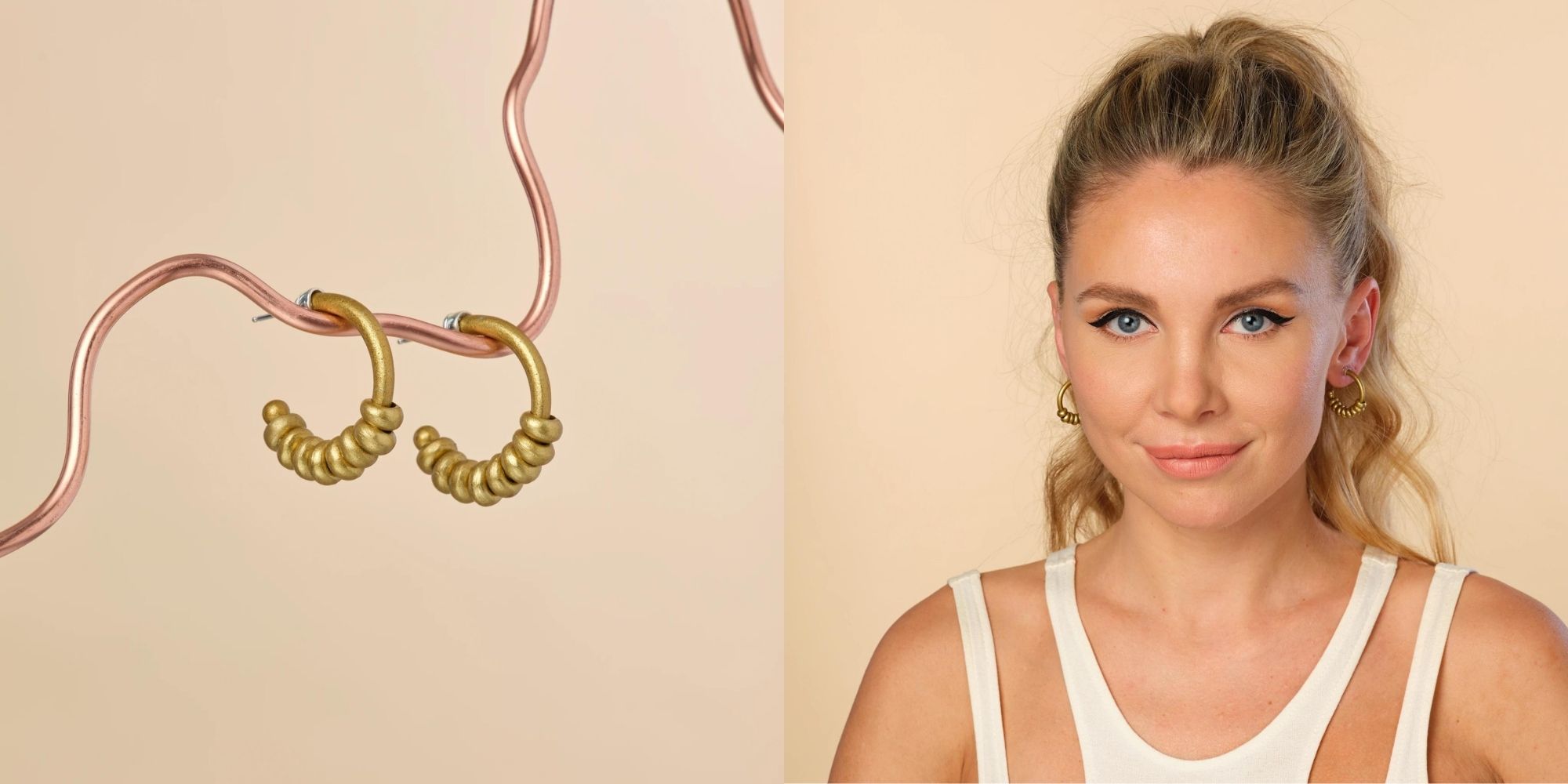 Rippled texture gold patina hoops ethically made by ARTICLE22 in collaboration with Laura Sophie Cox.
