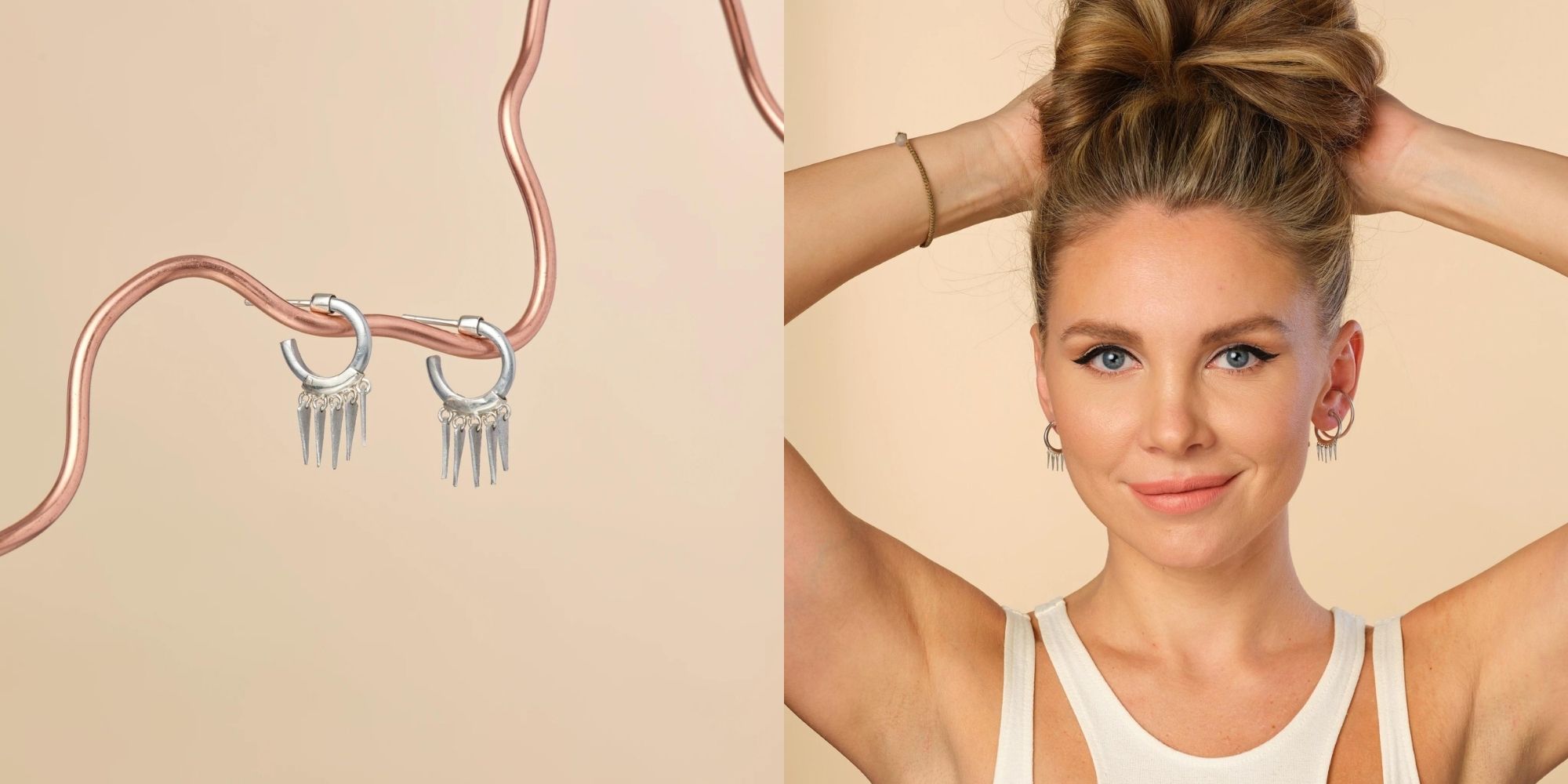 Silver sunburst hoops ethically made by ARTICLE22 in collaboration with Laura Sophie Cox.
