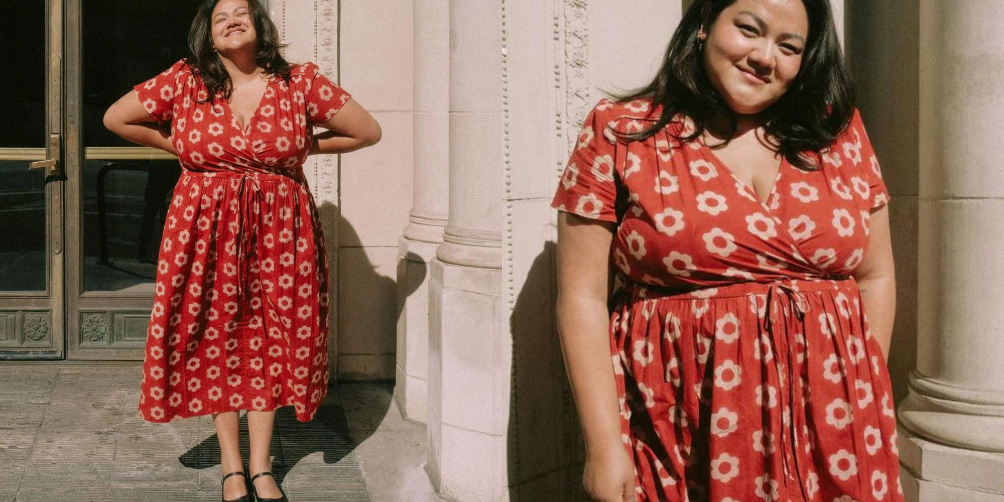 An extended sizing midi dress by Christy Dawn in a red and white daisy pattern.