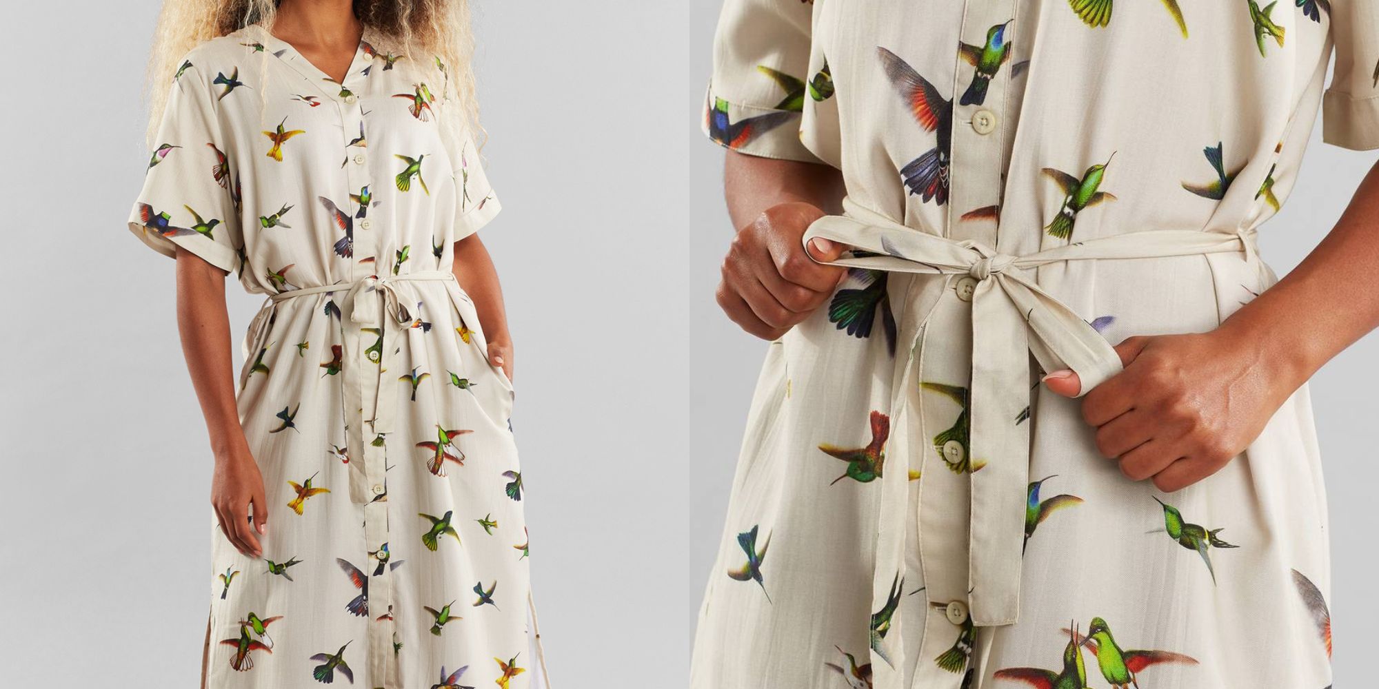 A cream TENCEL buttoned midi dress with a hummingbird pattern made responsibly by Dedicated.