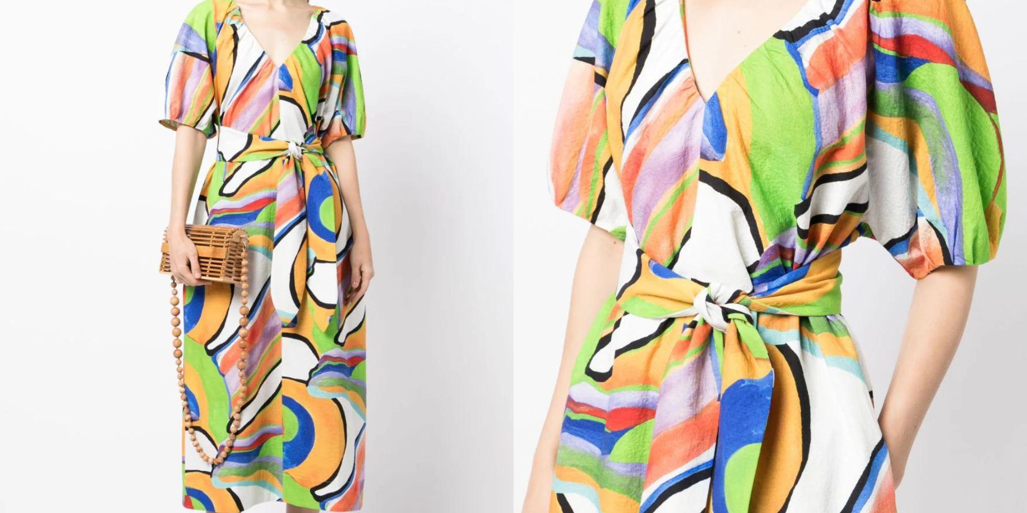A colourful cinched waist luxurious midi dress by Mara Hoffman.